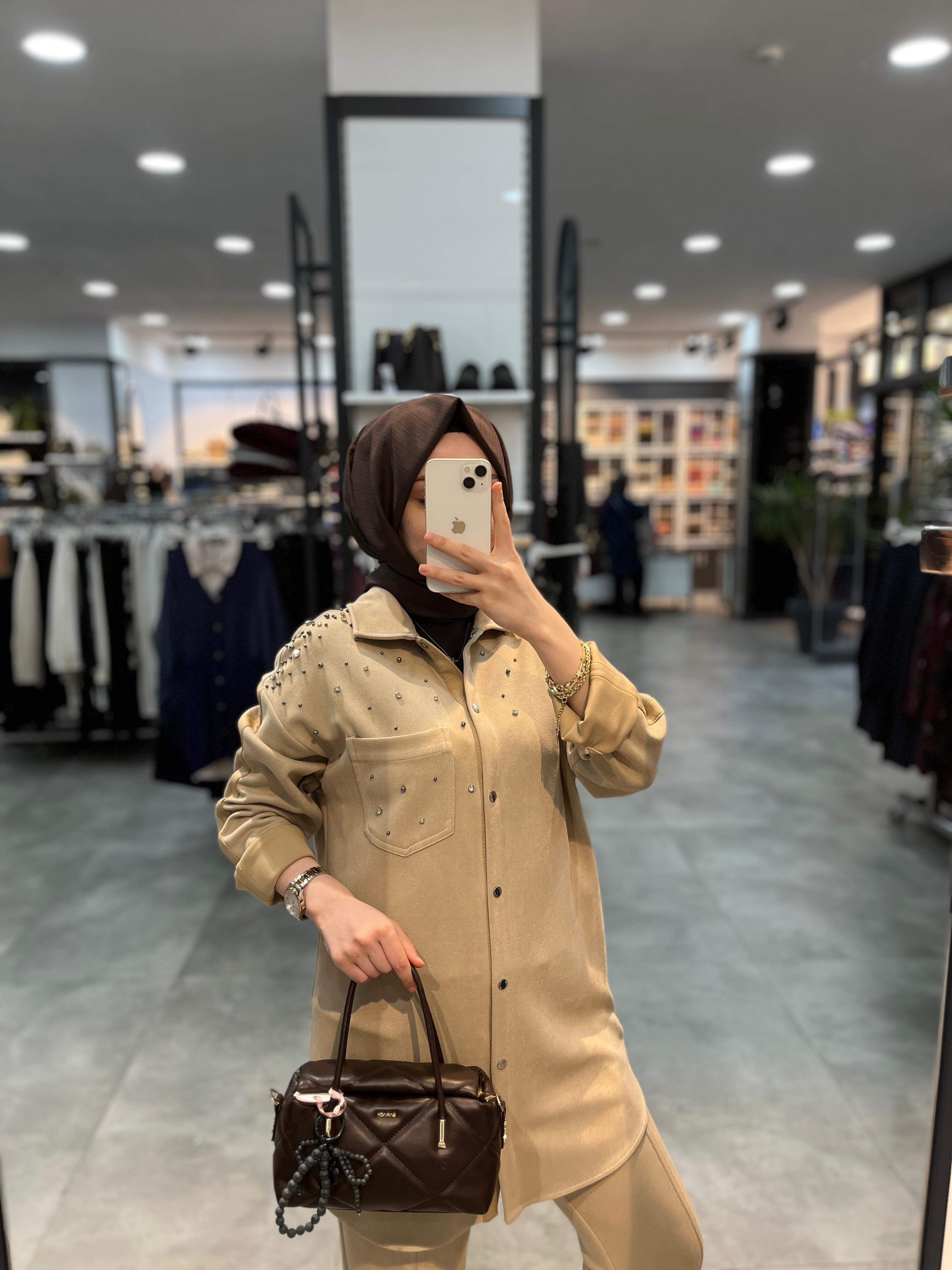 Nihan Cupra Süet Pantolon Tunik Takım - Bej