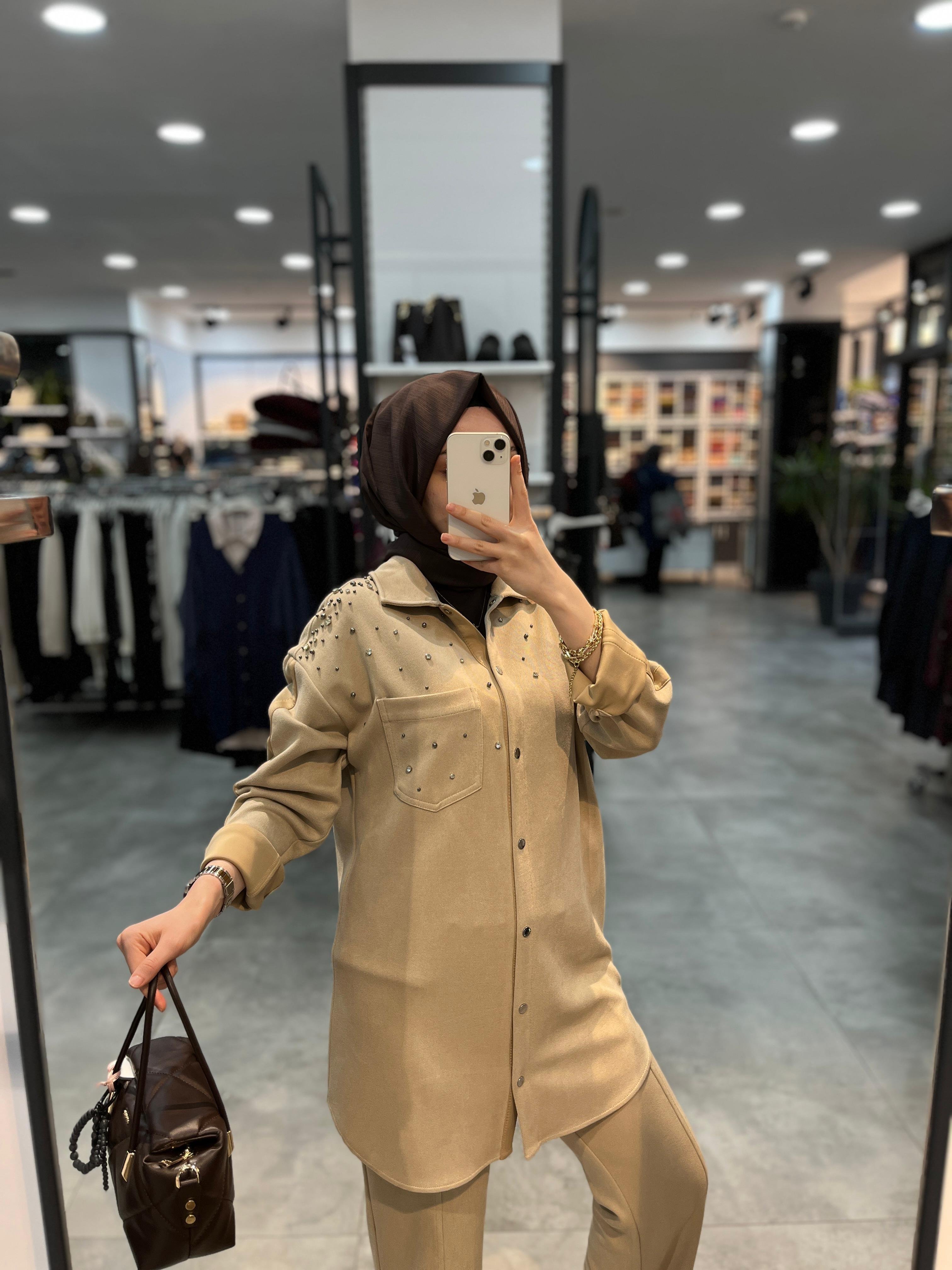 Nihan Cupra Süet Pantolon Tunik Takım - Bej