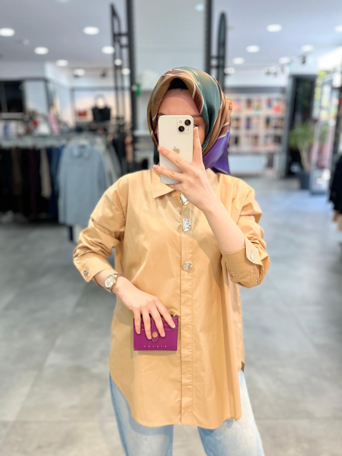 Nihan Düğme Detaylı Pamuk Tunik - Camel