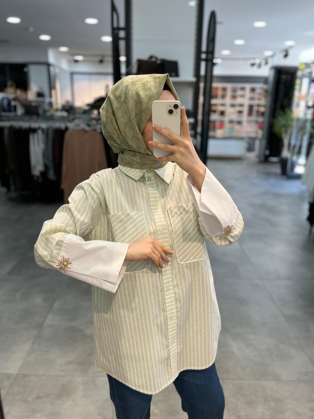 Nihan Manşet Detaylı Çizgili Pamuk Gömlek - Sarı