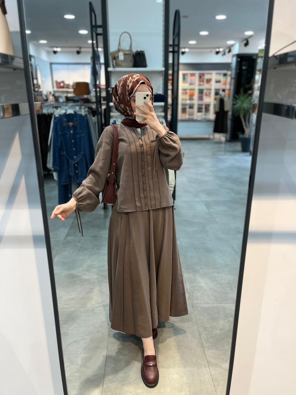 Nihan Tencel Etek Gömlek Takım - Kahve