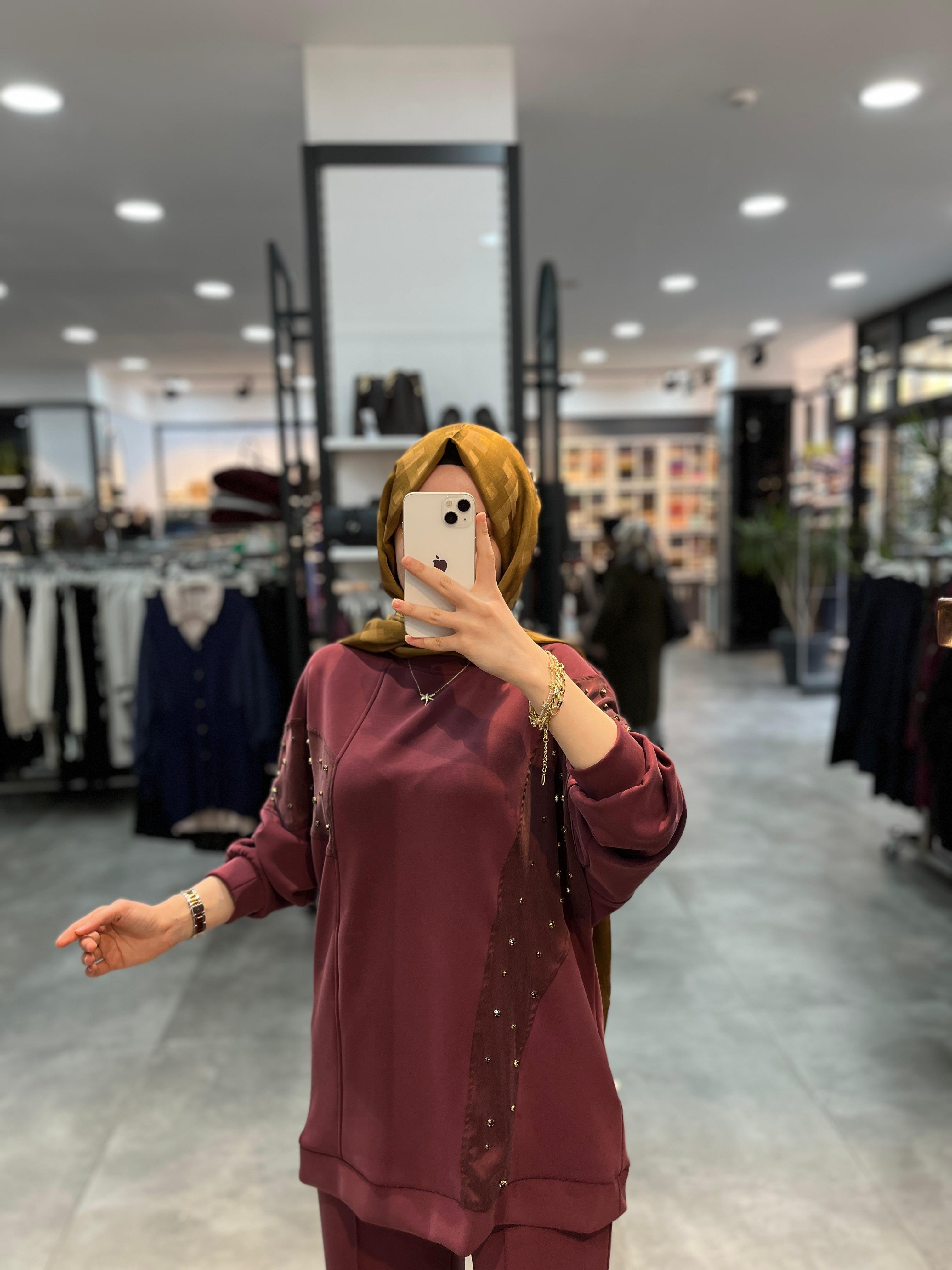 Nuss Çakma Taşlı Cupra Combinli Takım - Bordo
