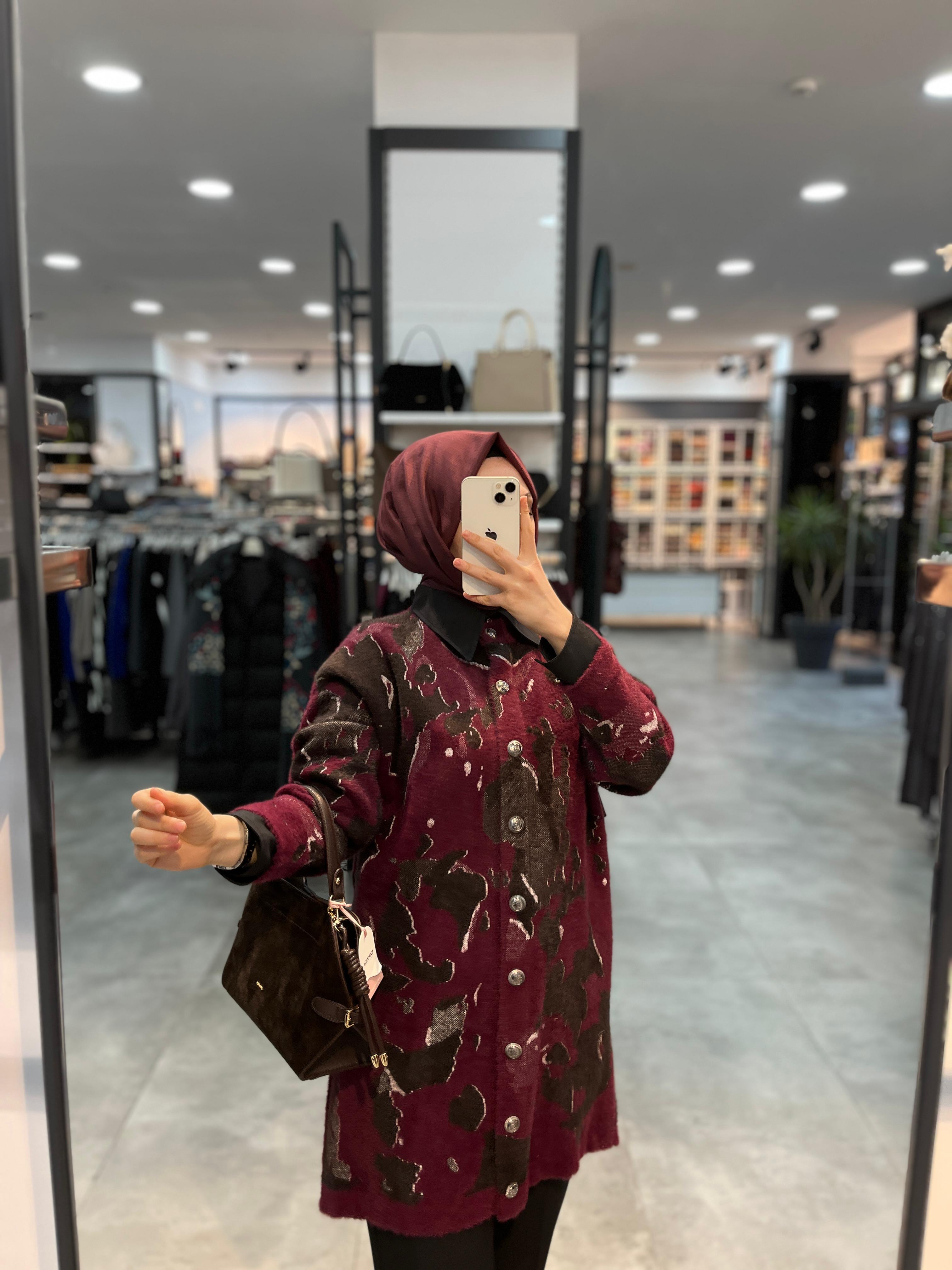 Nuss Desenli Angora Hırka - Bordo