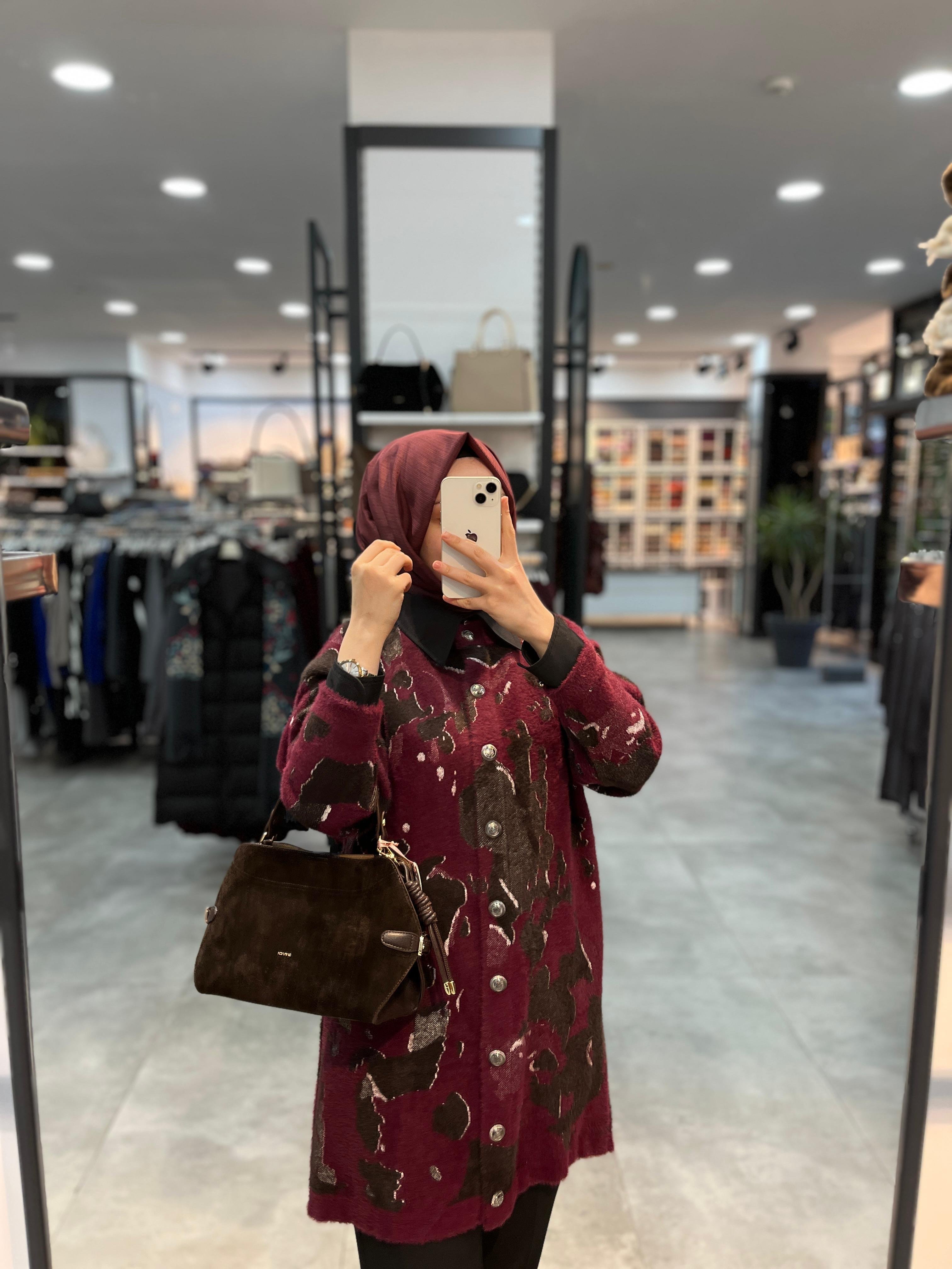 Nuss Desenli Angora Hırka - Bordo