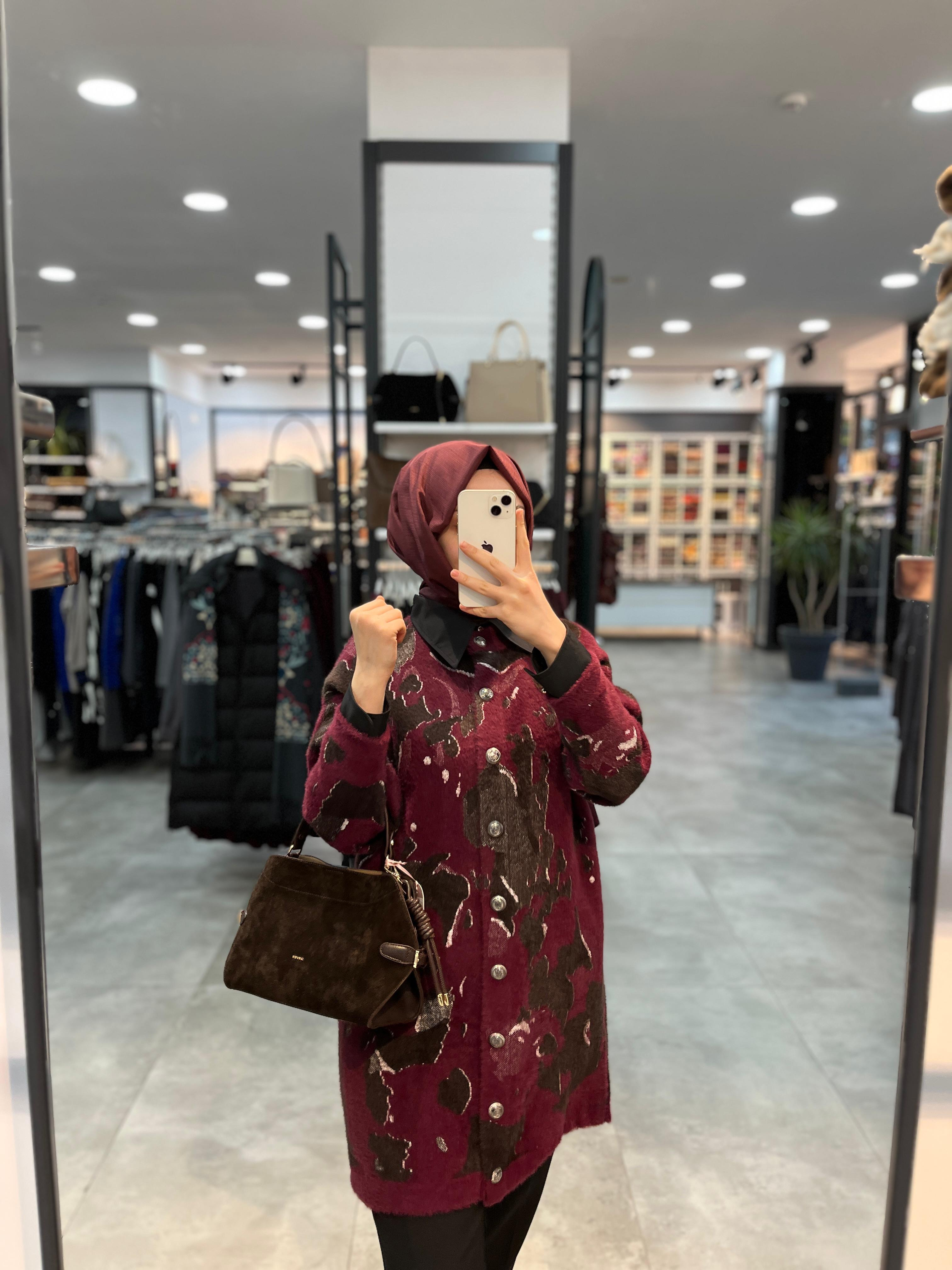 Nuss Desenli Angora Hırka - Bordo