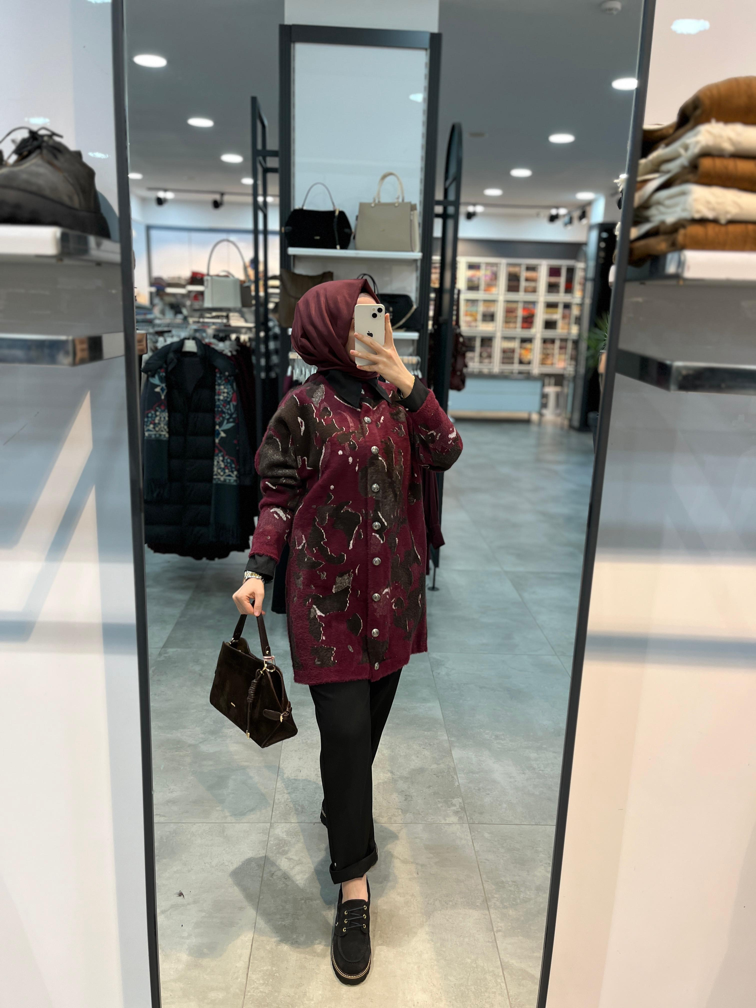 Nuss Desenli Angora Hırka - Bordo