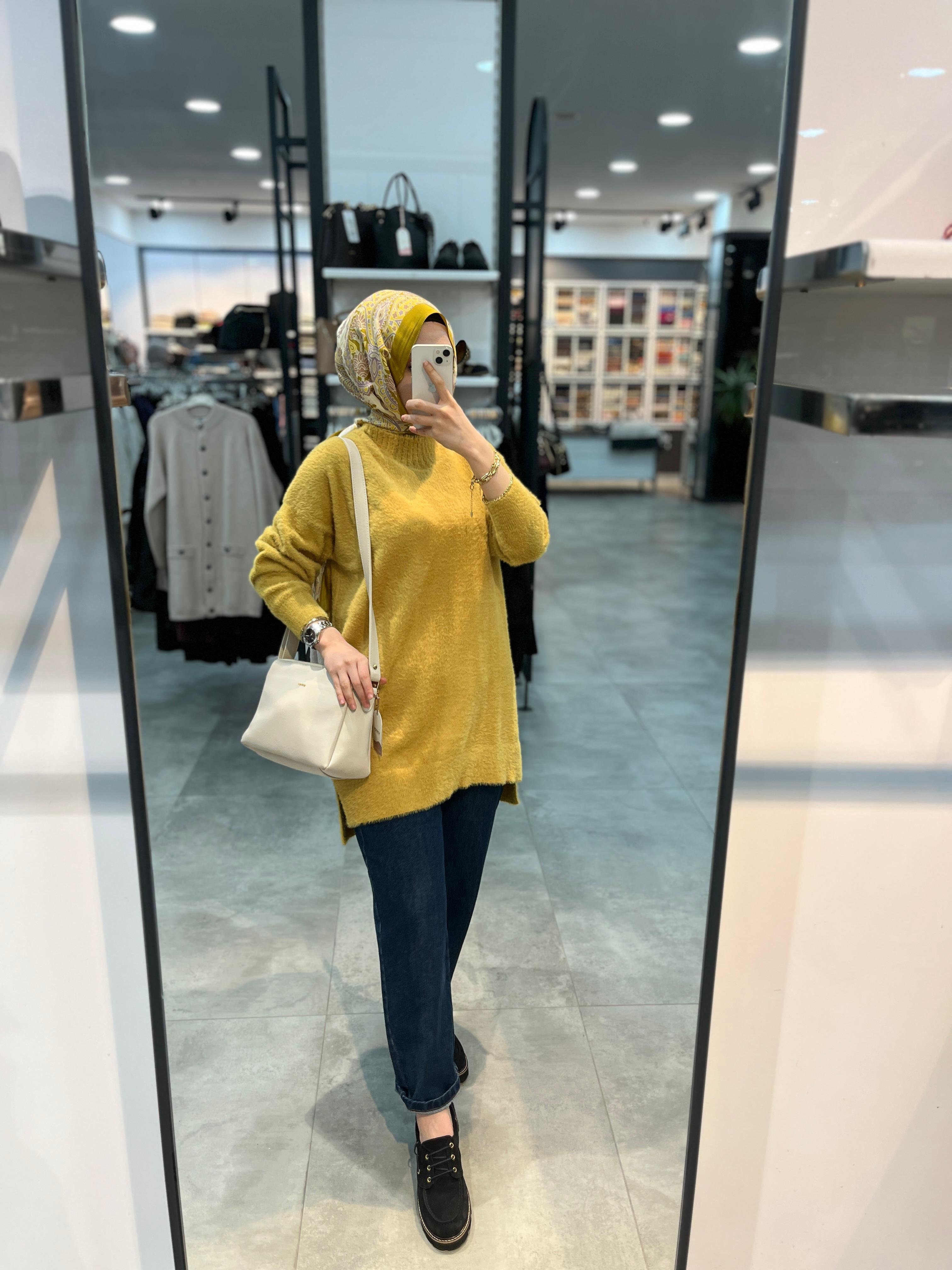 Nuss Dik Yaka Angora Tunik - Hardal
