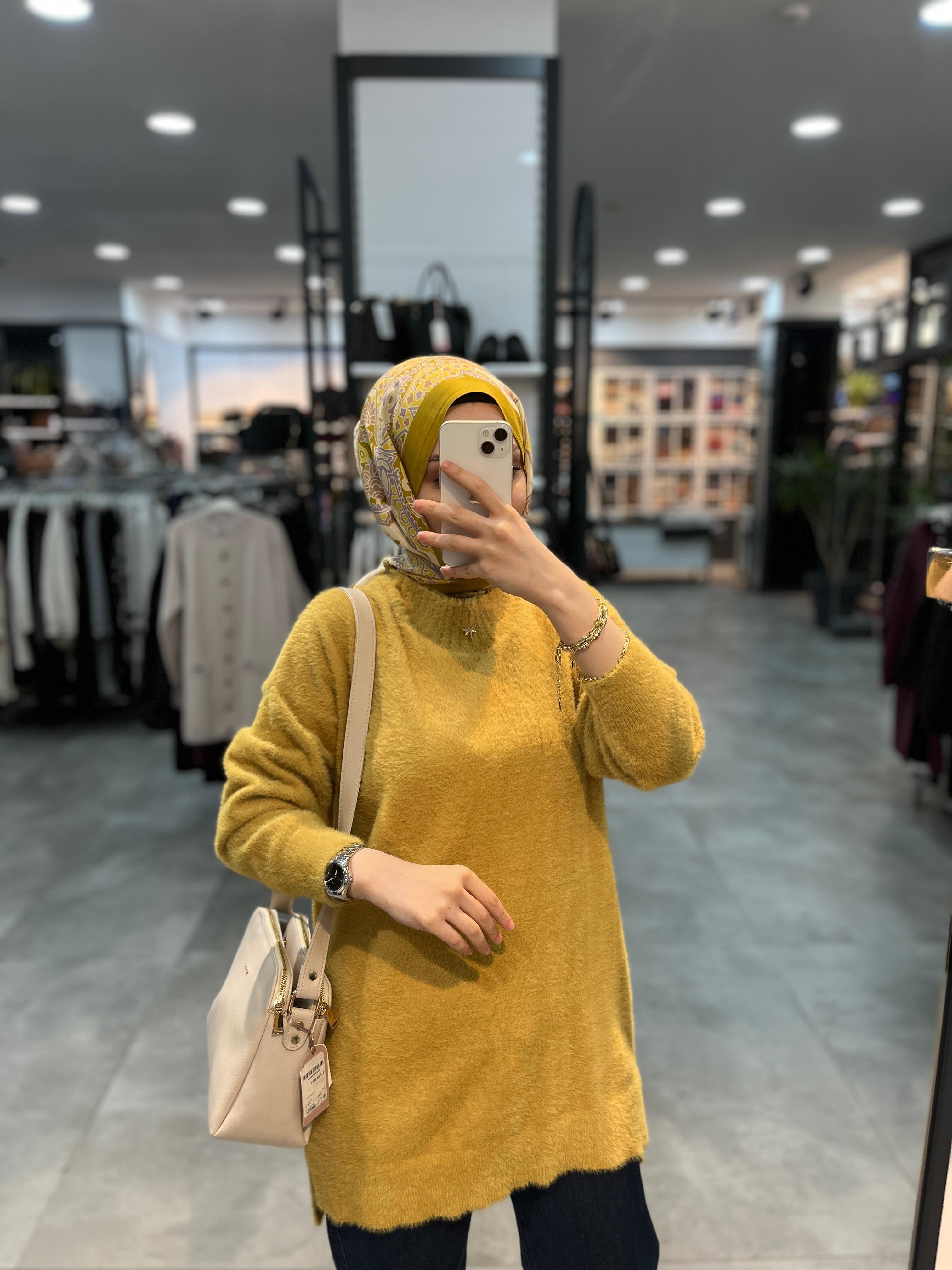 Nuss Dik Yaka Angora Tunik - Hardal