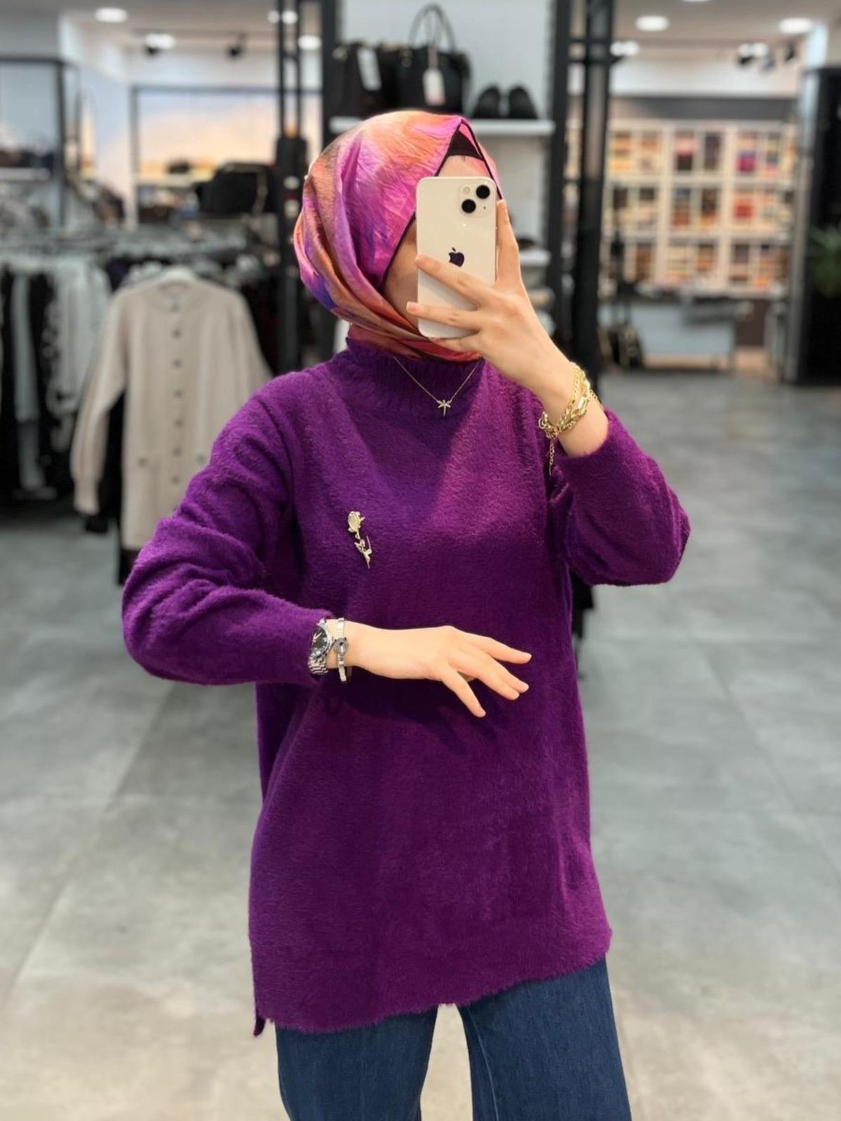 Nuss Dik Yaka Angora Tunik - Mor
