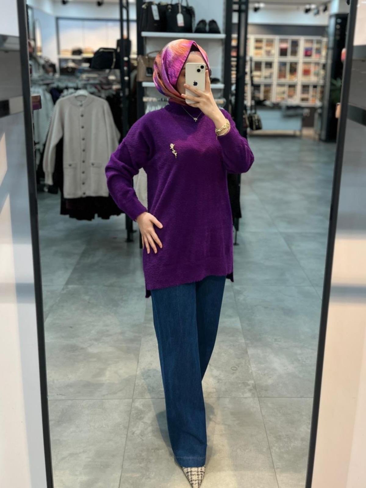 Nuss Dik Yaka Angora Tunik - Mor