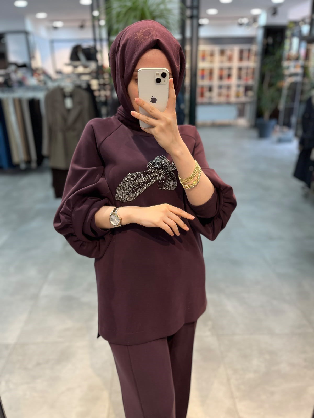 Nuss Önü Boncuk İşlemeli Pantolonlu Takım - Mürdüm