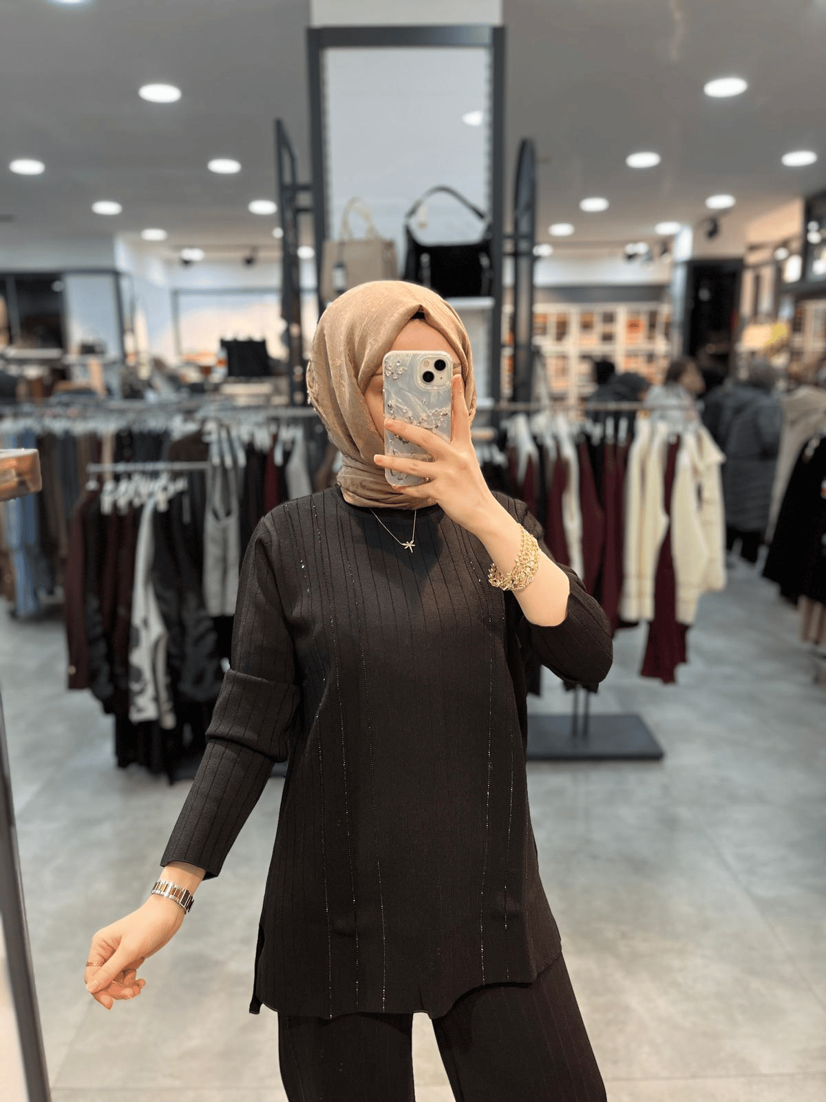 Nuss Triko Baskı Taşlı Tunik Pantolon Triko Takım - Siyah
