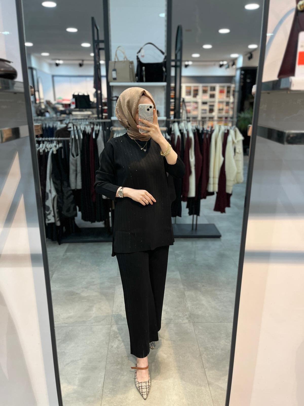 Nuss Triko Baskı Taşlı Tunik Pantolon Triko Takım - Siyah