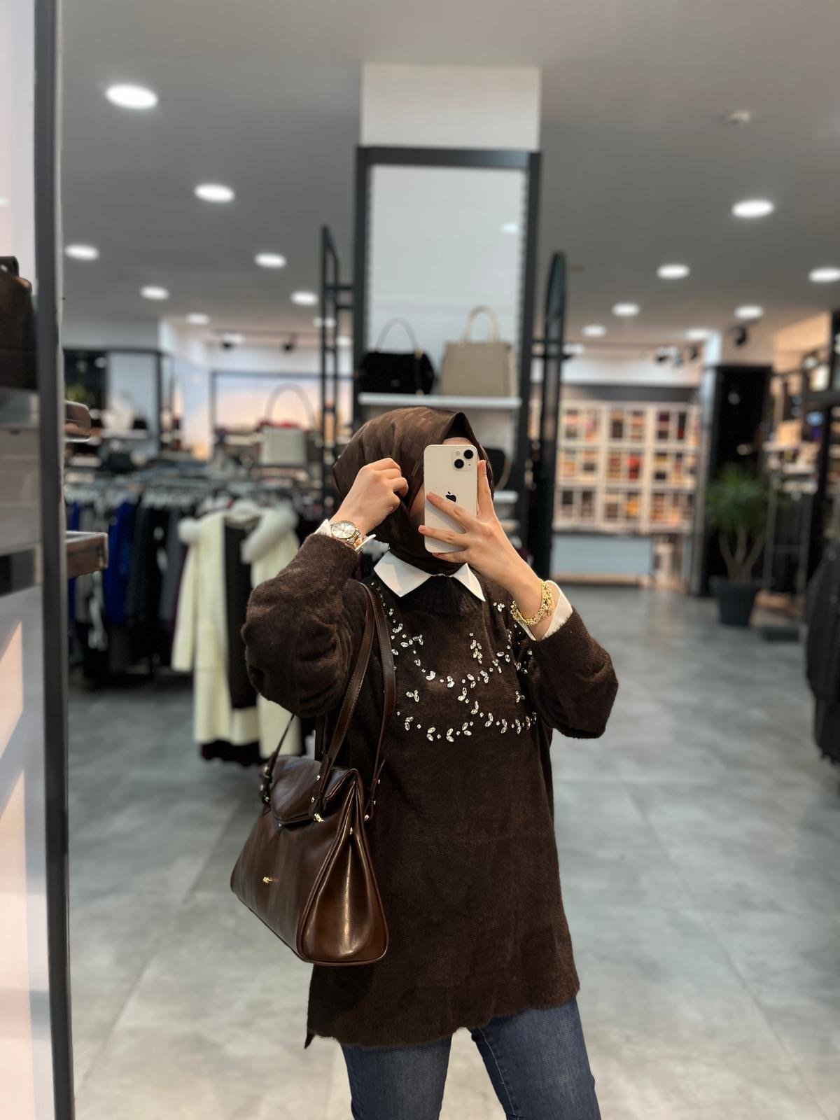 Nuss Triko Önü Taşlı Angora Tunik - Kahve