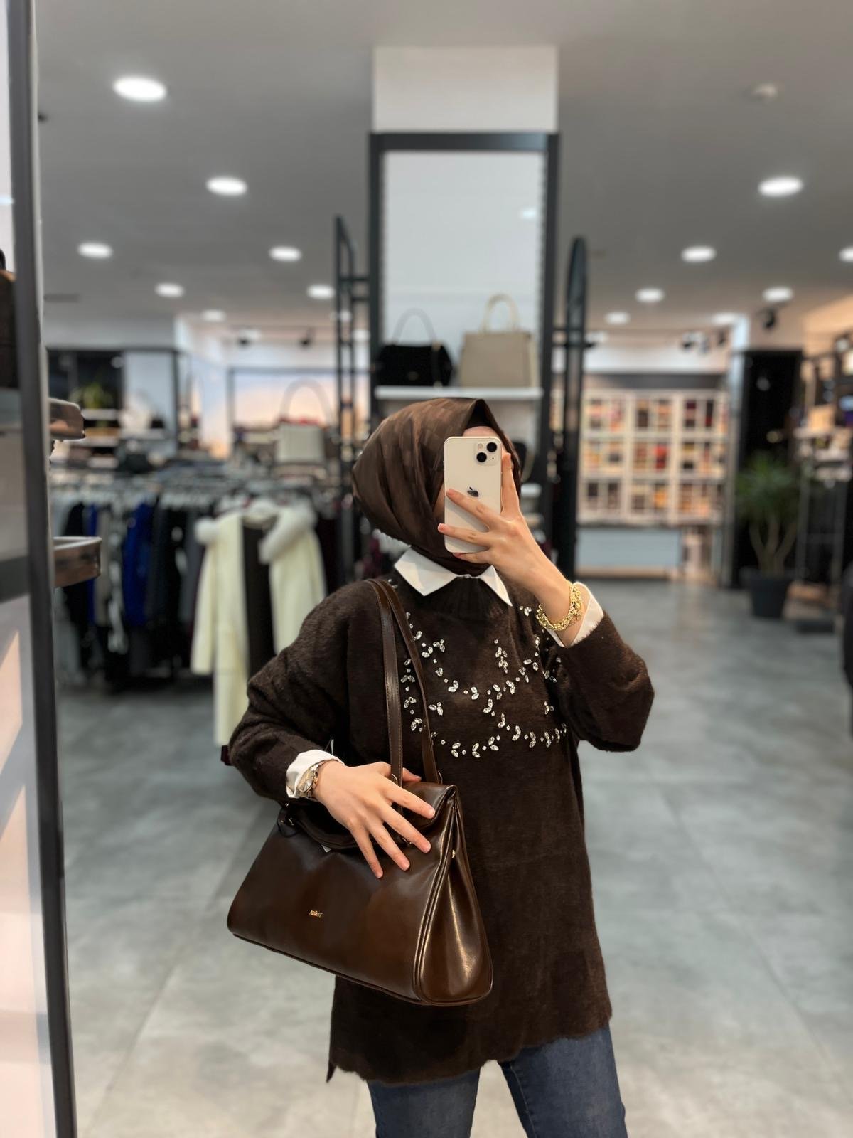 Nuss Triko Önü Taşlı Angora Tunik - Kahve