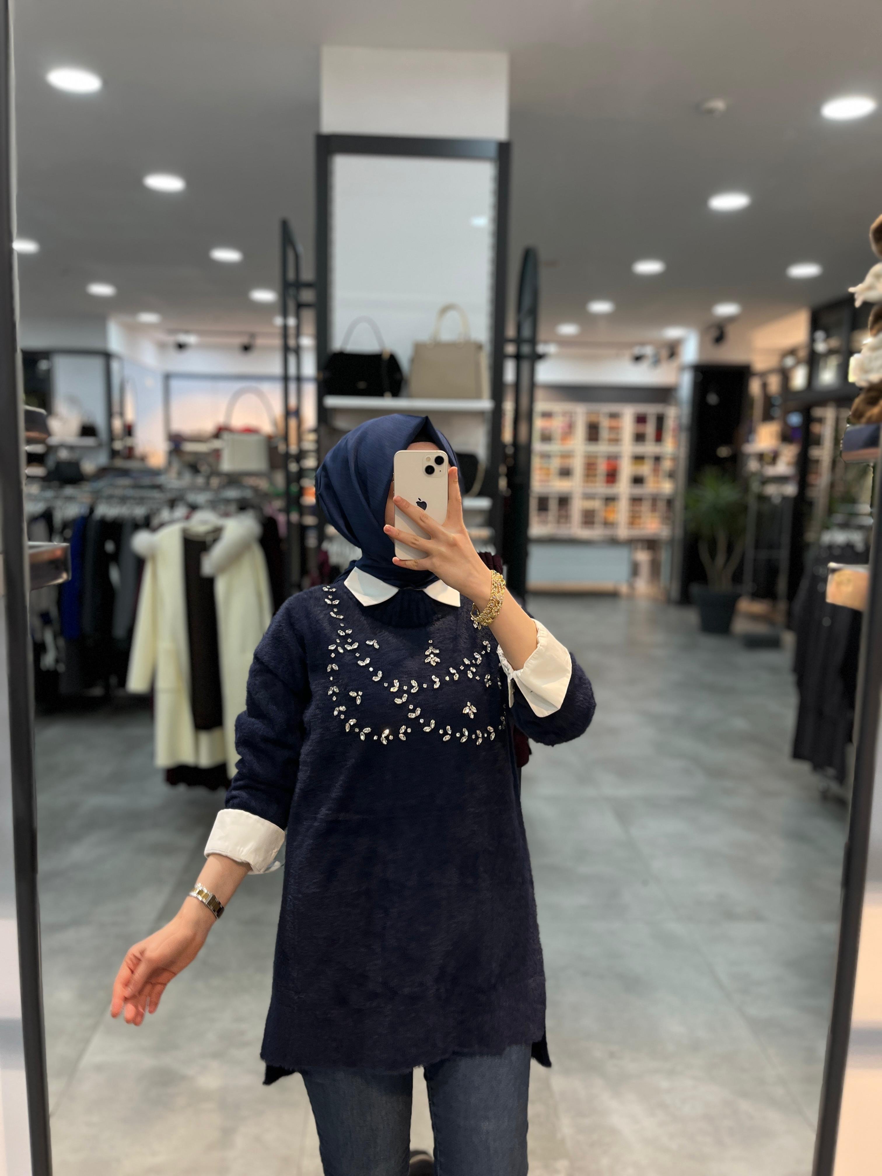 Nuss Triko Önü Taşlı Angora Tunik - Lacivert