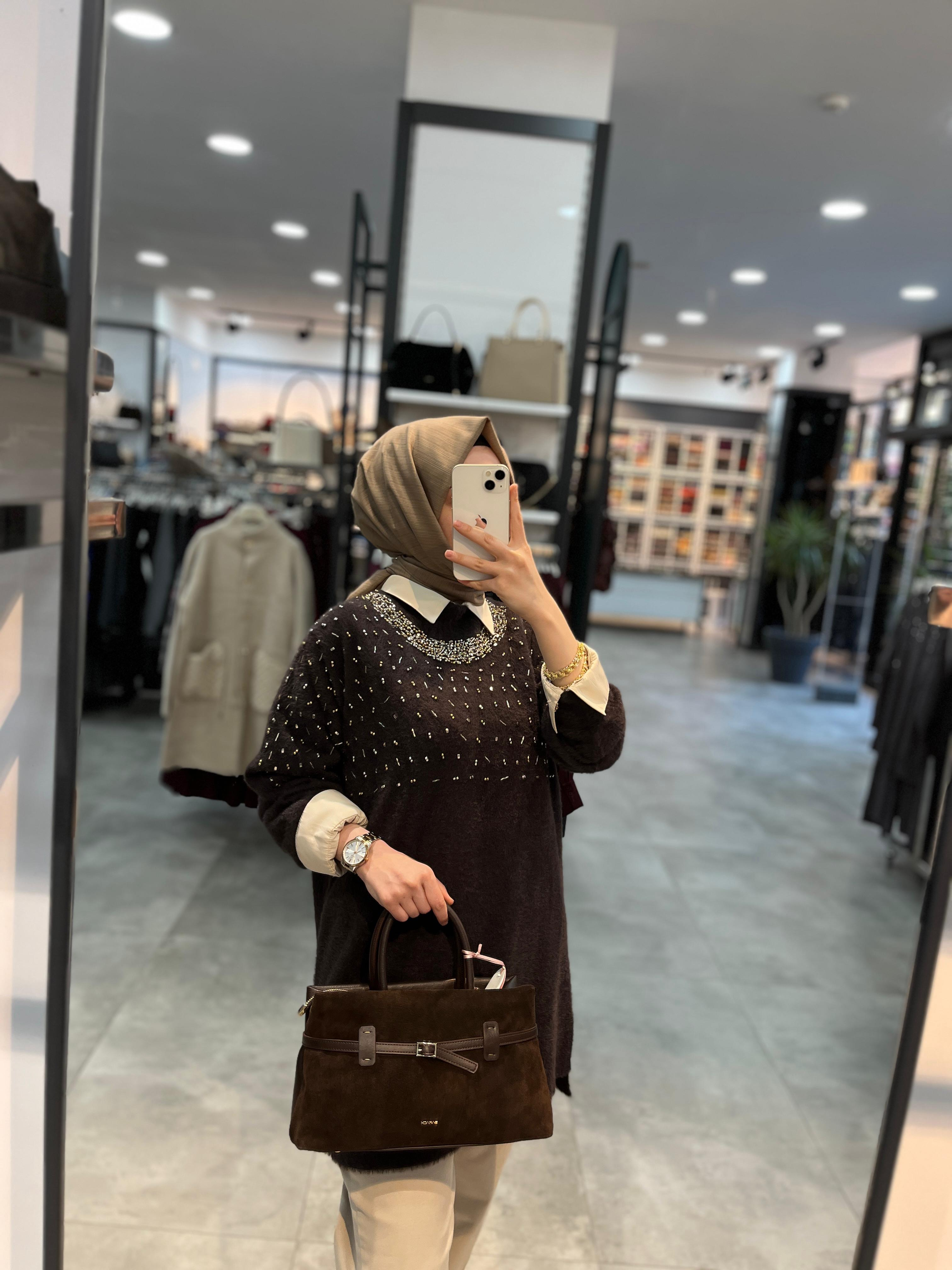 Nuss Triko Yaka Ve Önü Taşlı Angora Tunik - Kahve