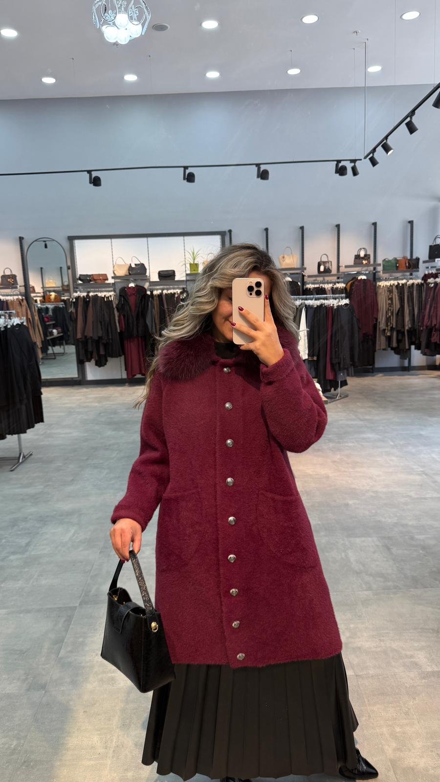 Nuss Triko Yakası Kürklü Torba Cepli Angora Kaban - Bordo