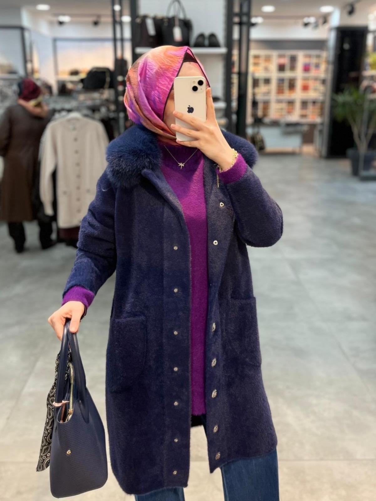 Nuss Triko Yakası Kürklü Torba Cepli Angora Kaban - Lacivert