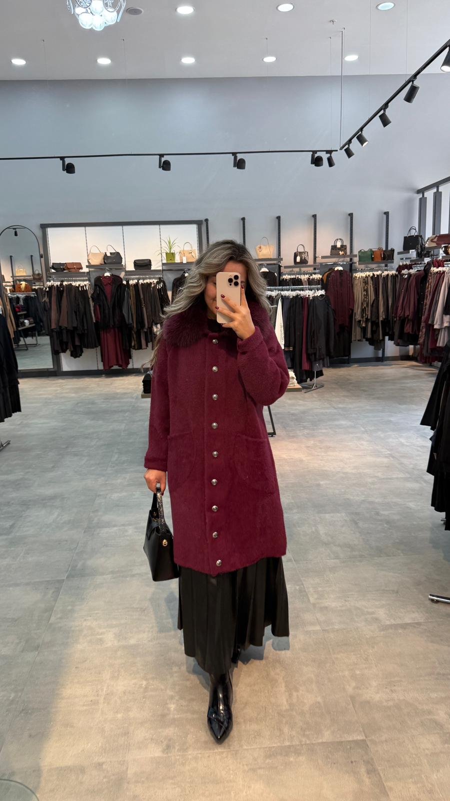 Nuss Triko Yakası Kürklü Torba Cepli Angora Kaban - Bordo