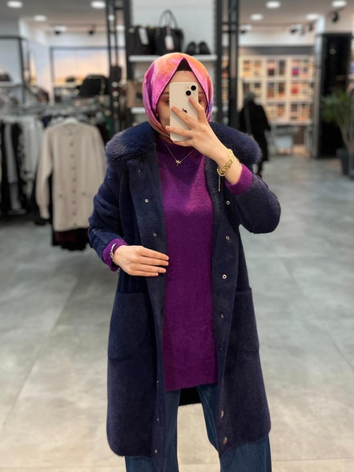 Nuss Triko Yakası Kürklü Torba Cepli Angora Kaban - Lacivert