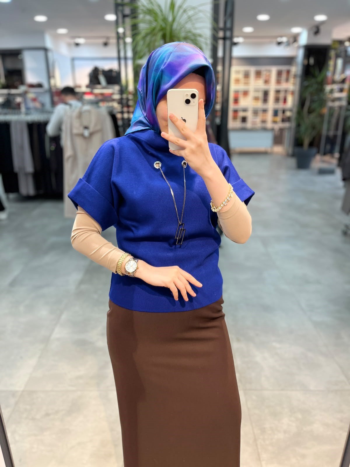 On Triko Dik Yaka Kısa Kol Kolyeli  Kazak - Saks