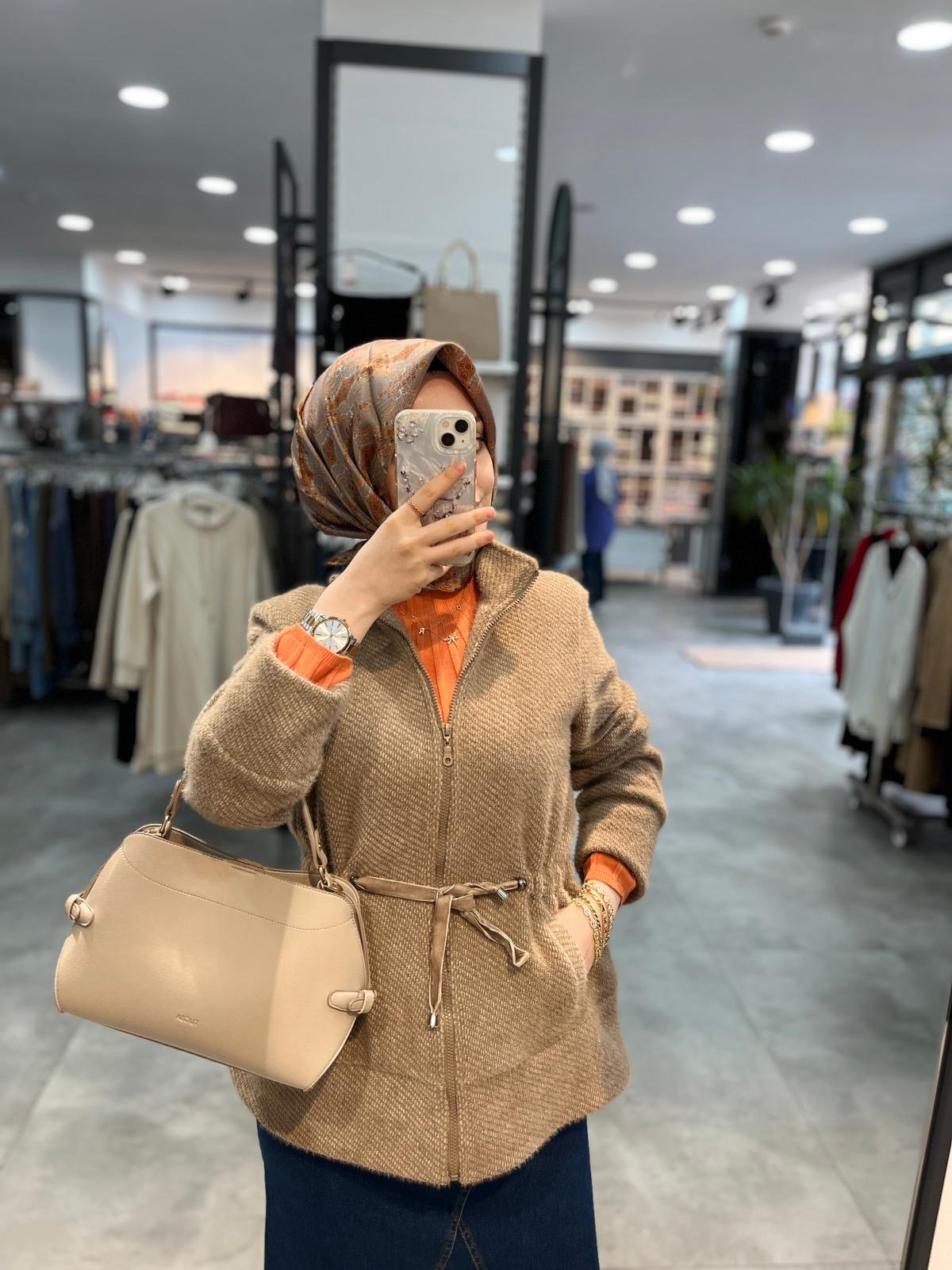 On Triko Dik Yaka Önü Fermuarlı Mont - Vizon