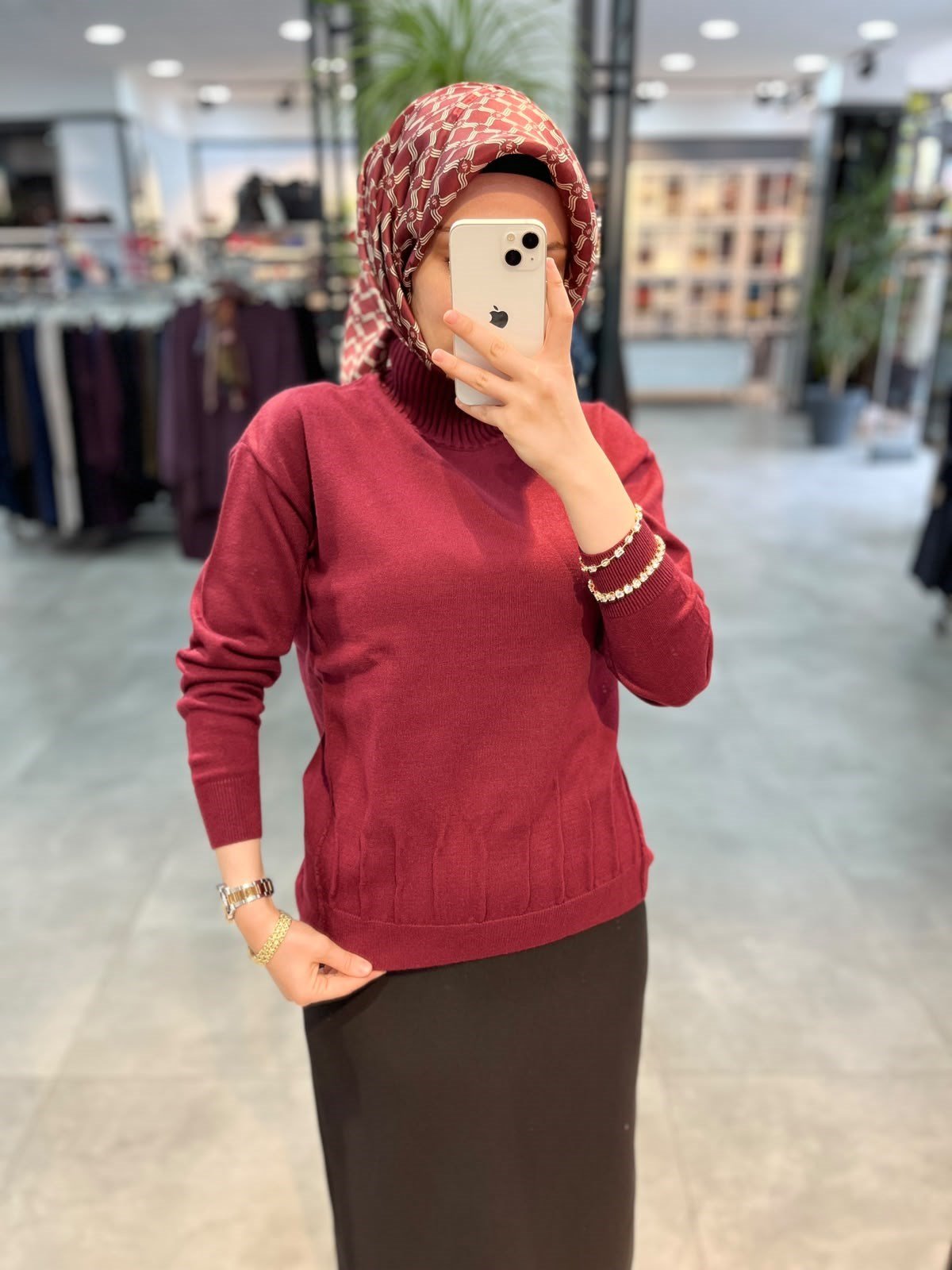 On Triko Dikiş Detaylı Yarım Balıkçı Kazak - Bordo