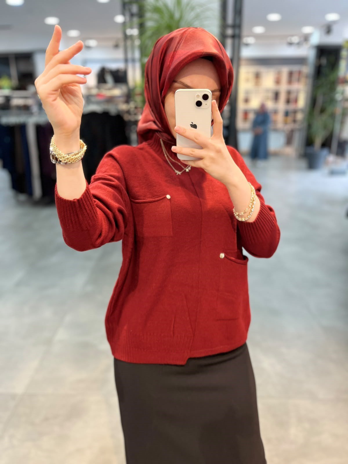 On Triko Tek Cep Detaylı Dik Yaka Kazak - Bordo