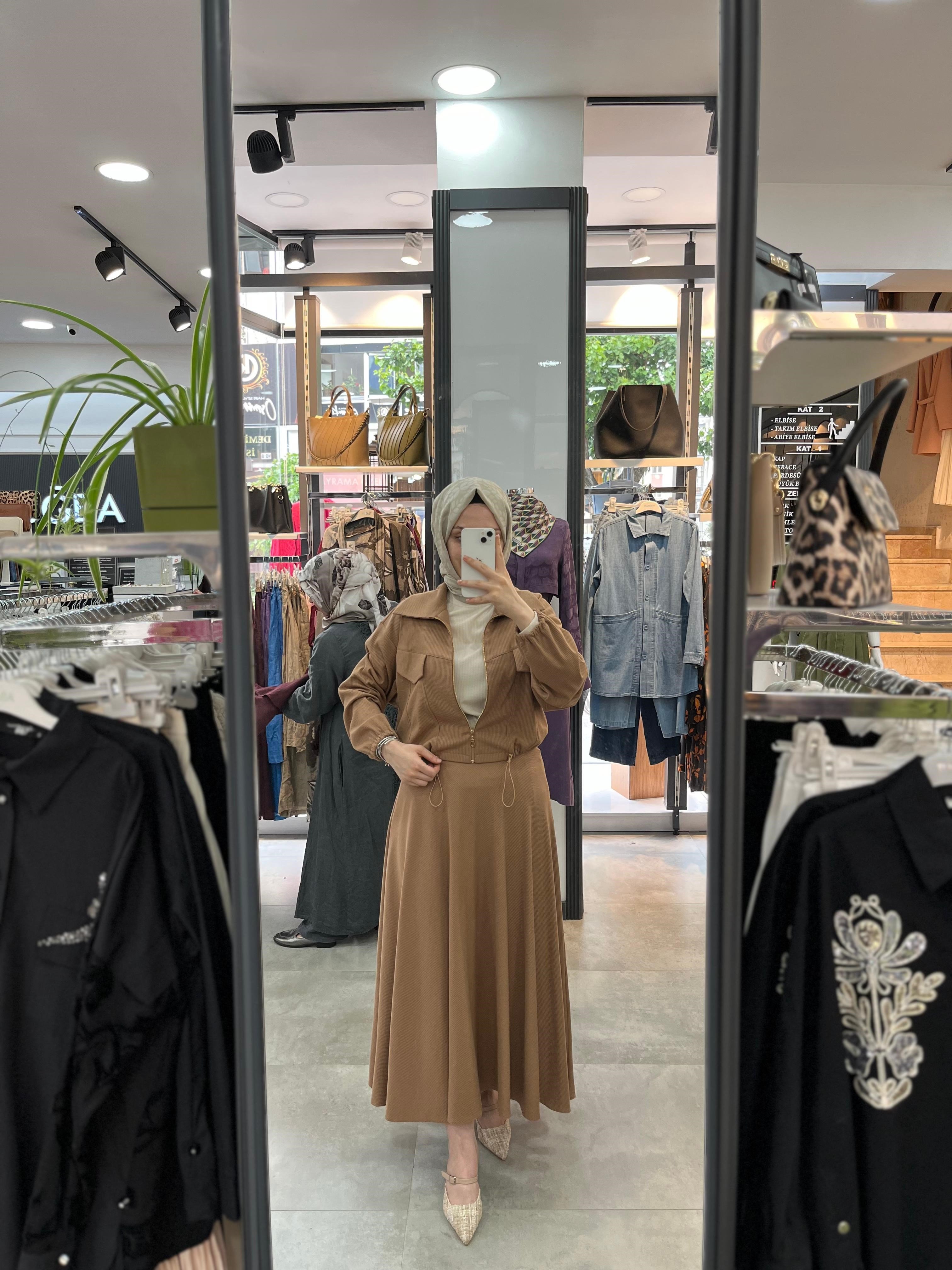 Qotans Örme Kumaş Ceket Etek Takım - Camel