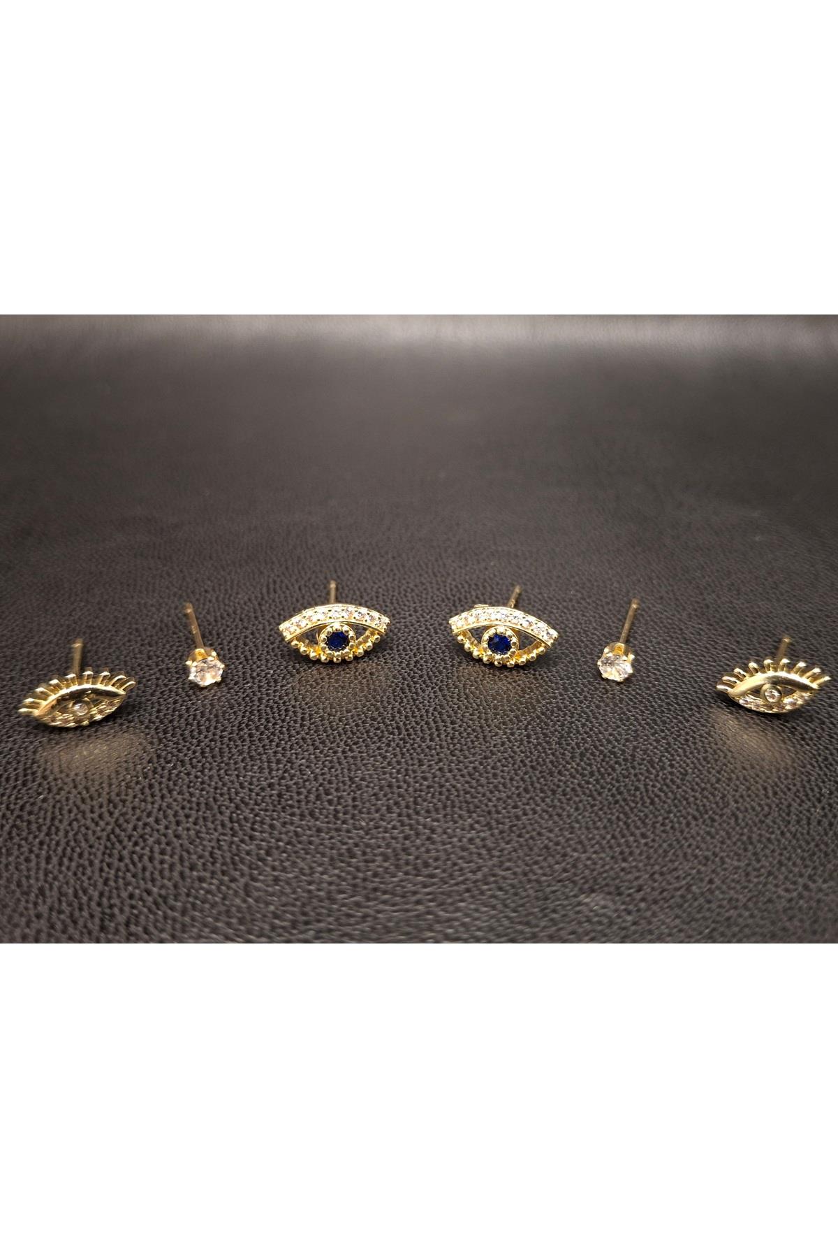Altın Renk 6'lı Taşlı Göz Model Set Küpe