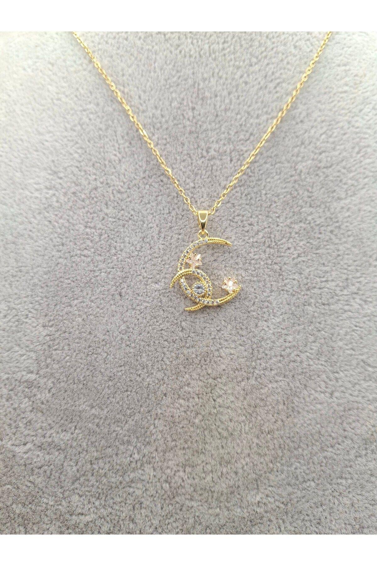 Altın Renk Taşlı Ay Model Çelik Kolye