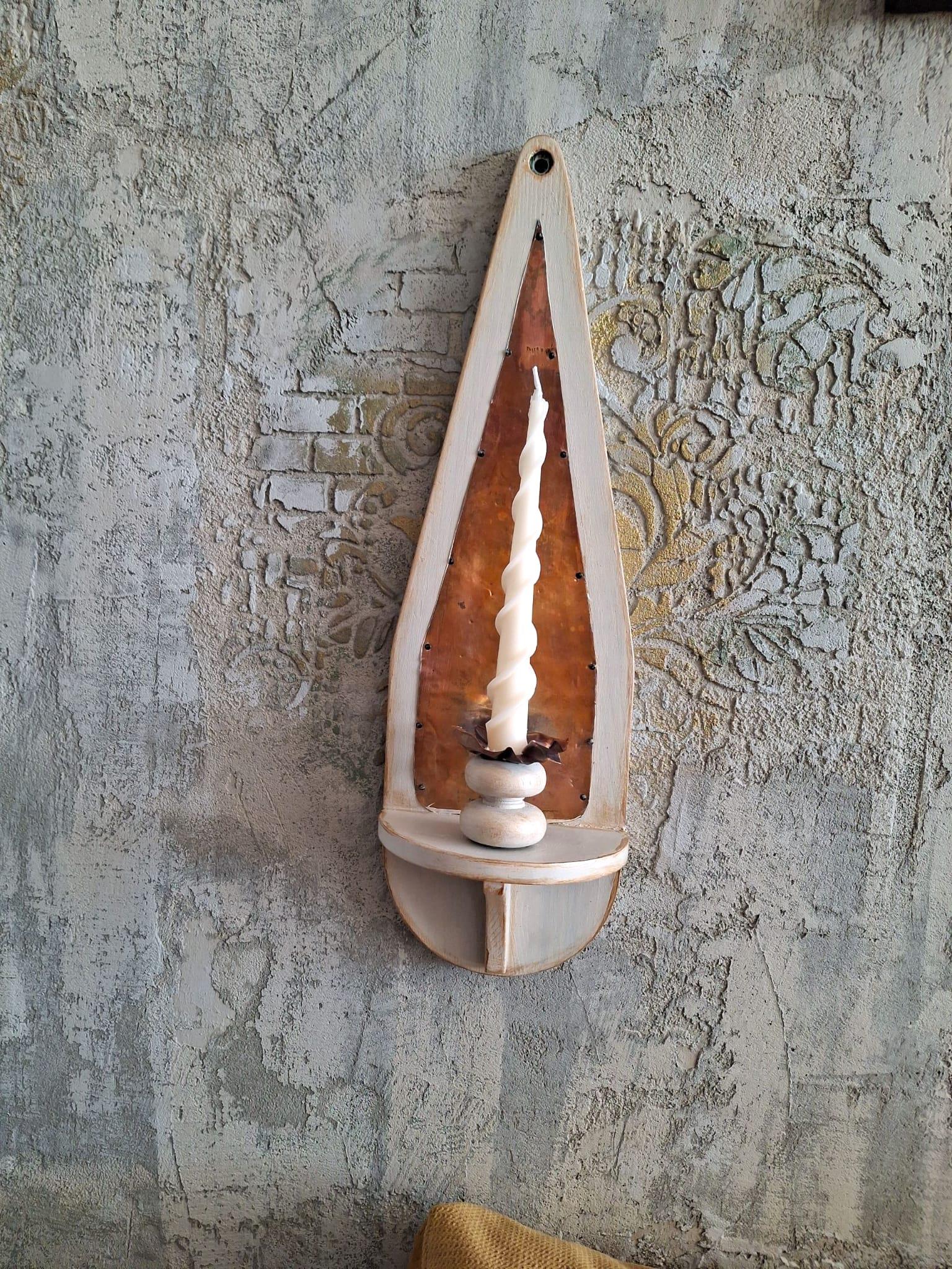 El Yapımı Rustik Ahşap ve Bakır Duvar Lambası-Vintage Dekoratif Mumluk