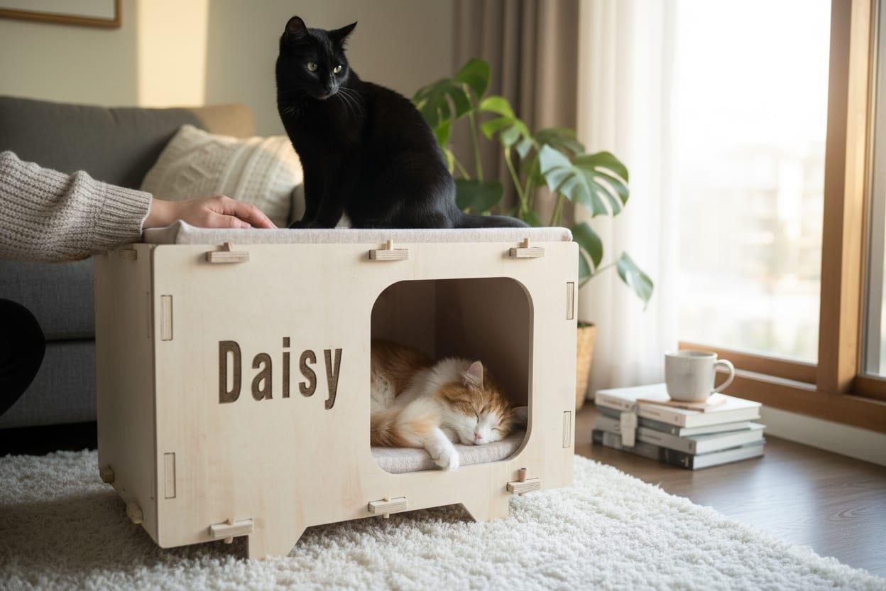 Kişiye Özel Tasarım Ahşap Kedi Evi – Tırmalama & Oyuncaklı