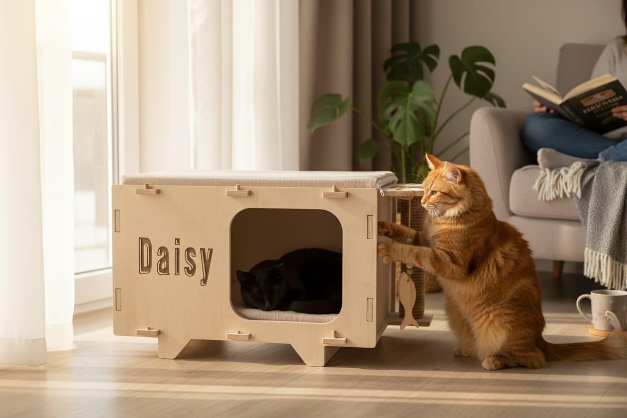 Kişiye Özel Tasarım Ahşap Kedi Evi – Tırmalama & Oyuncaklı