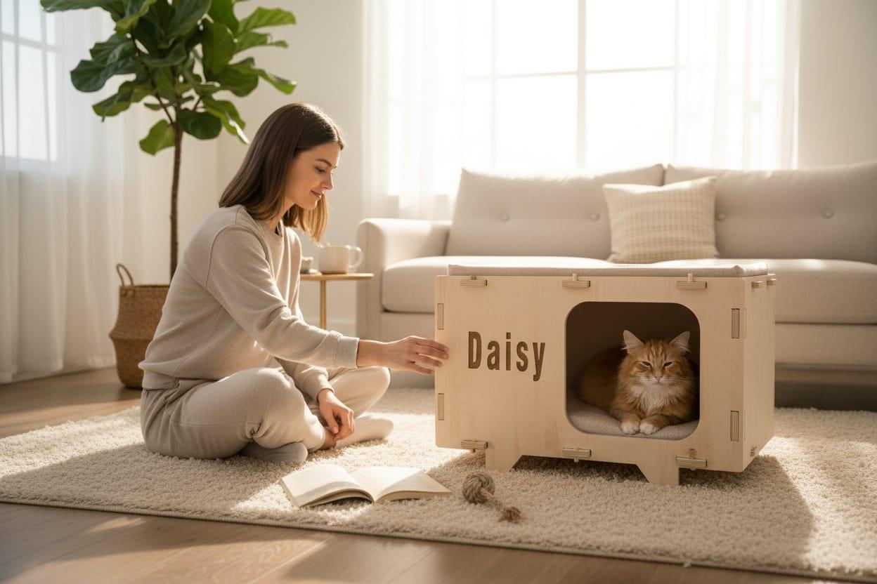 Kişiye Özel Tasarım Ahşap Kedi Evi – Tırmalama & Oyuncaklı