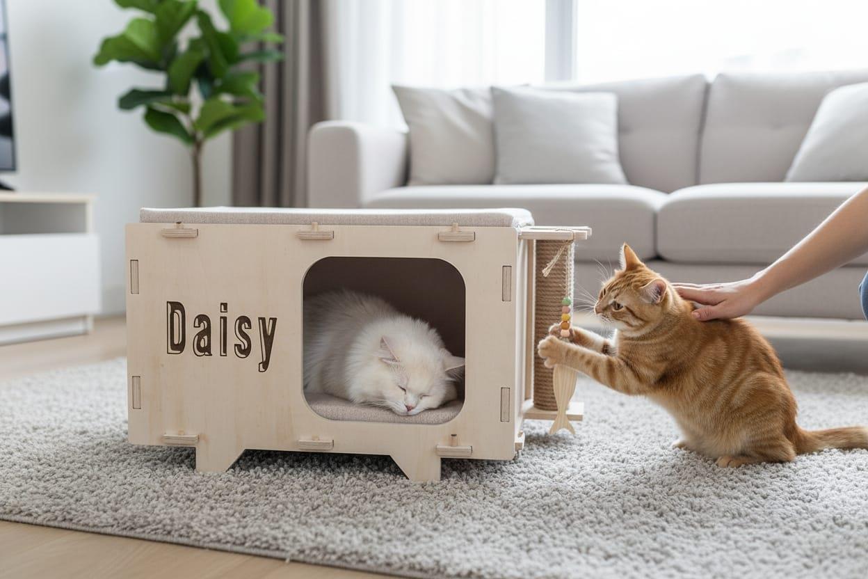 Kişiye Özel Tasarım Ahşap Kedi Evi – Tırmalama & Oyuncaklı