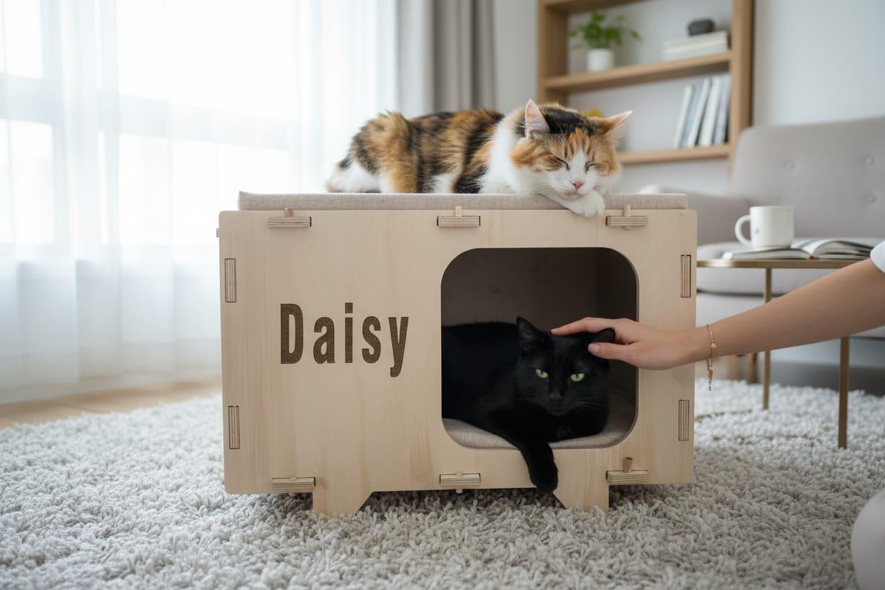 Kişiye Özel Tasarım Ahşap Kedi Evi – Tırmalama & Oyuncaklı