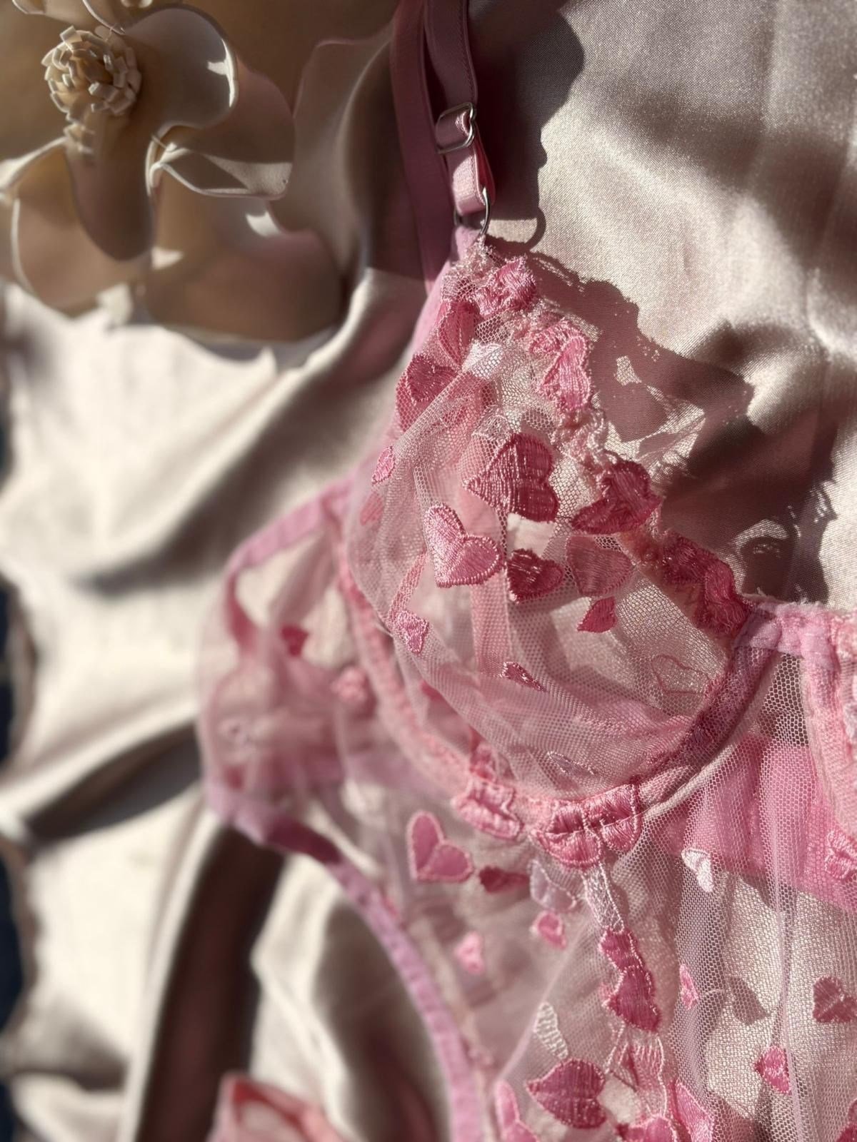 Pembe Kalp Desenli Transparan Dantel Body Takım- 85B