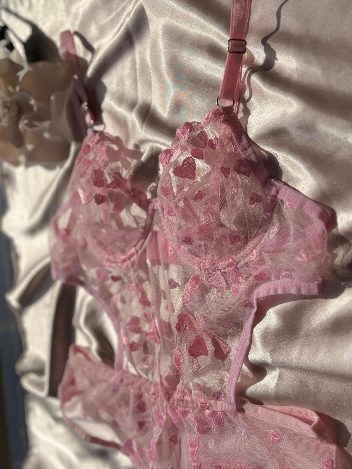 Pembe Kalp Desenli Transparan Dantel Body Takım- 85B