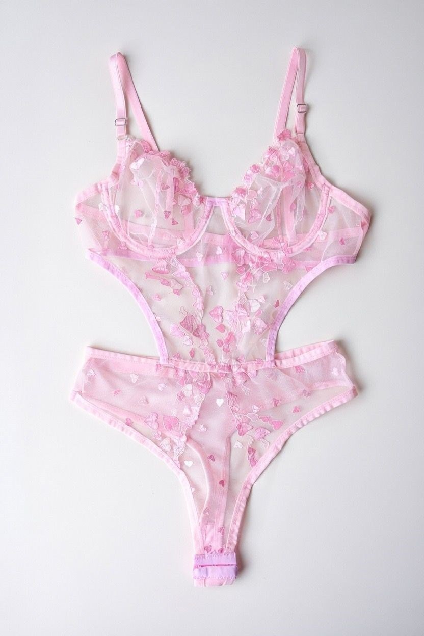 Pembe Kalp Desenli Transparan Dantel Body Takım- 85B