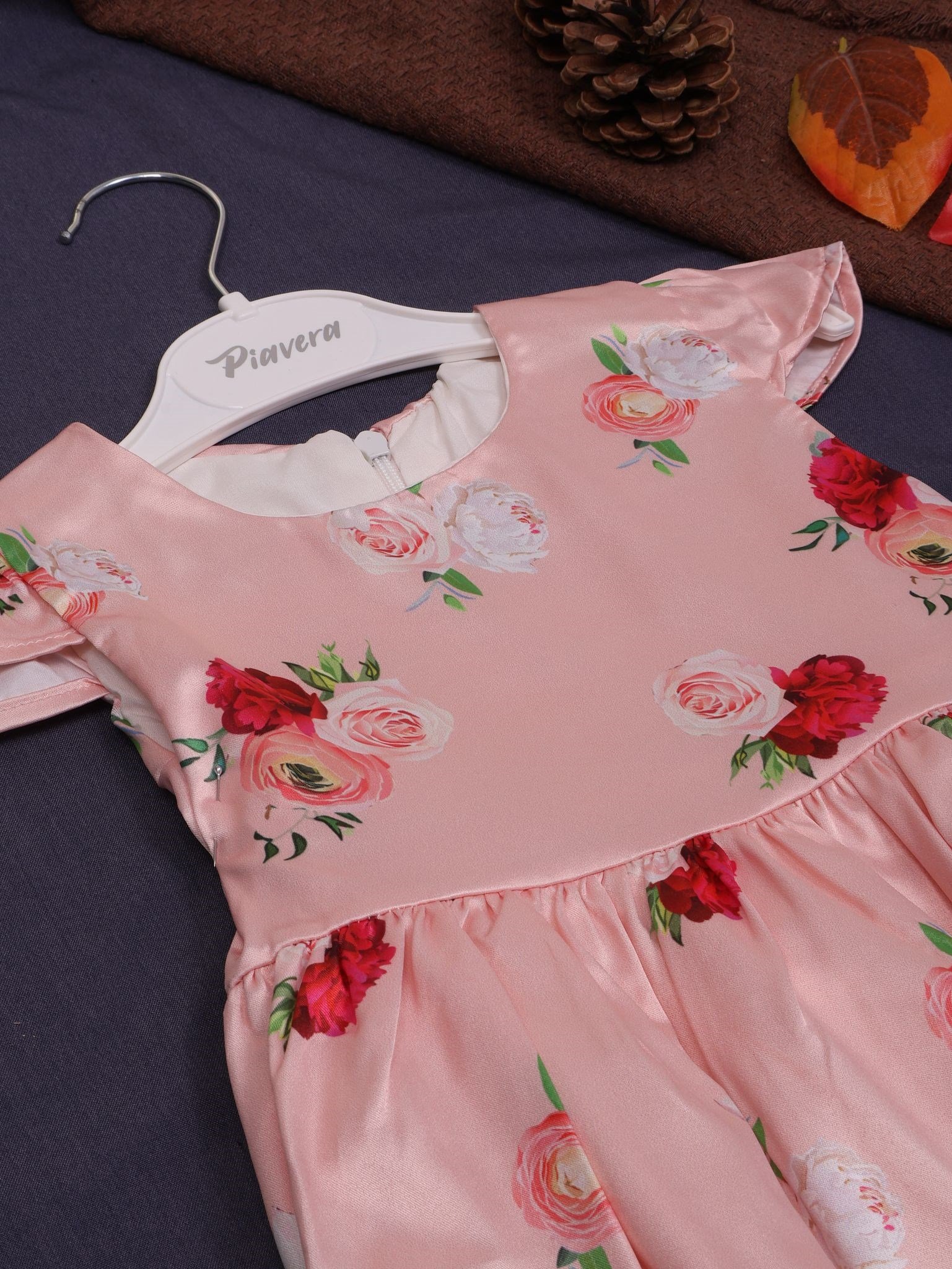 Saten Pembe Çiçekli Elbise-2 Yaş