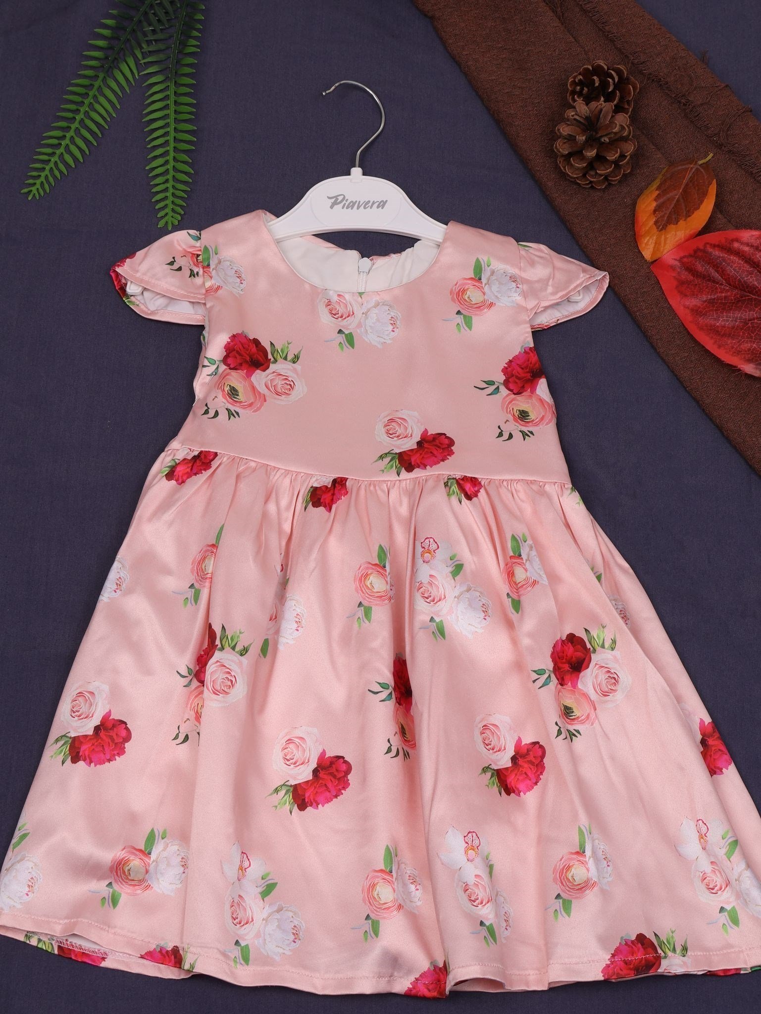 Saten Pembe Çiçekli Elbise-2 Yaş