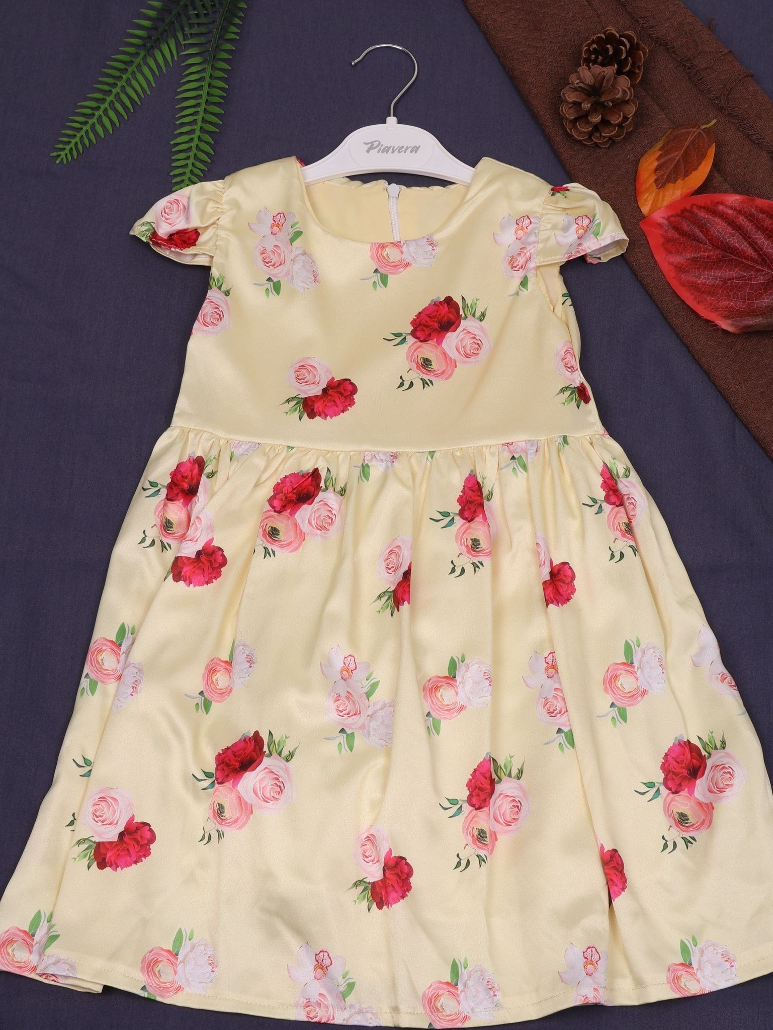 Saten Sarı Çiçekli Elbise-2 Yaş