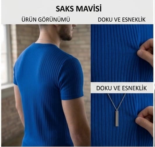 Slim Fit Fitilli Erkek Penye Saks Mavi Small Beden