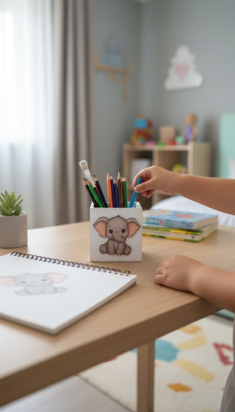 Yavru Fil Detaylı Ahşap Kalemlik