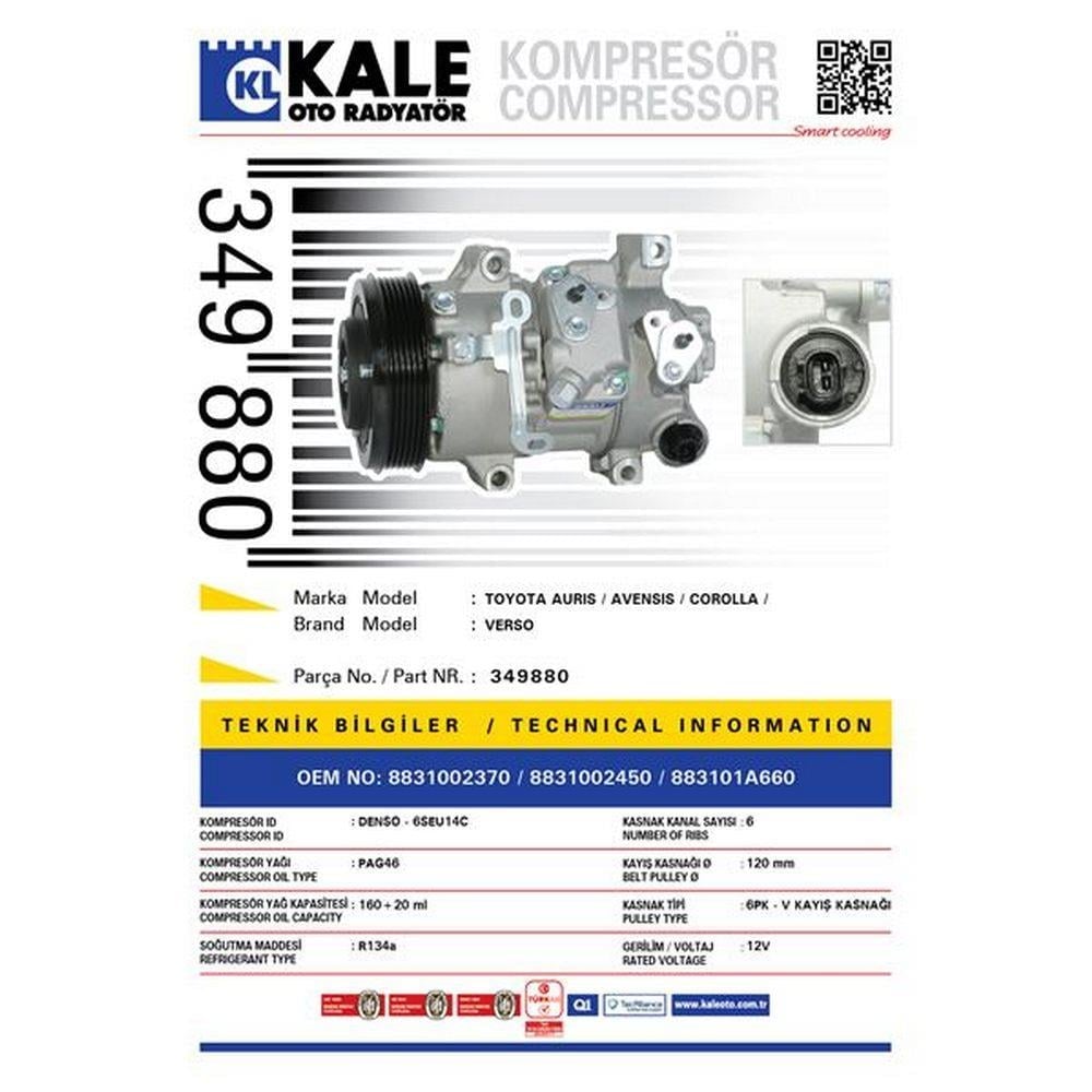 KLIMA KOMPRESORU TOYOTA AURIS COROLLA 1.6 2007-2012 AVENSIS 2008-> [6PK V KAYIS KASNAGI] [120mm]