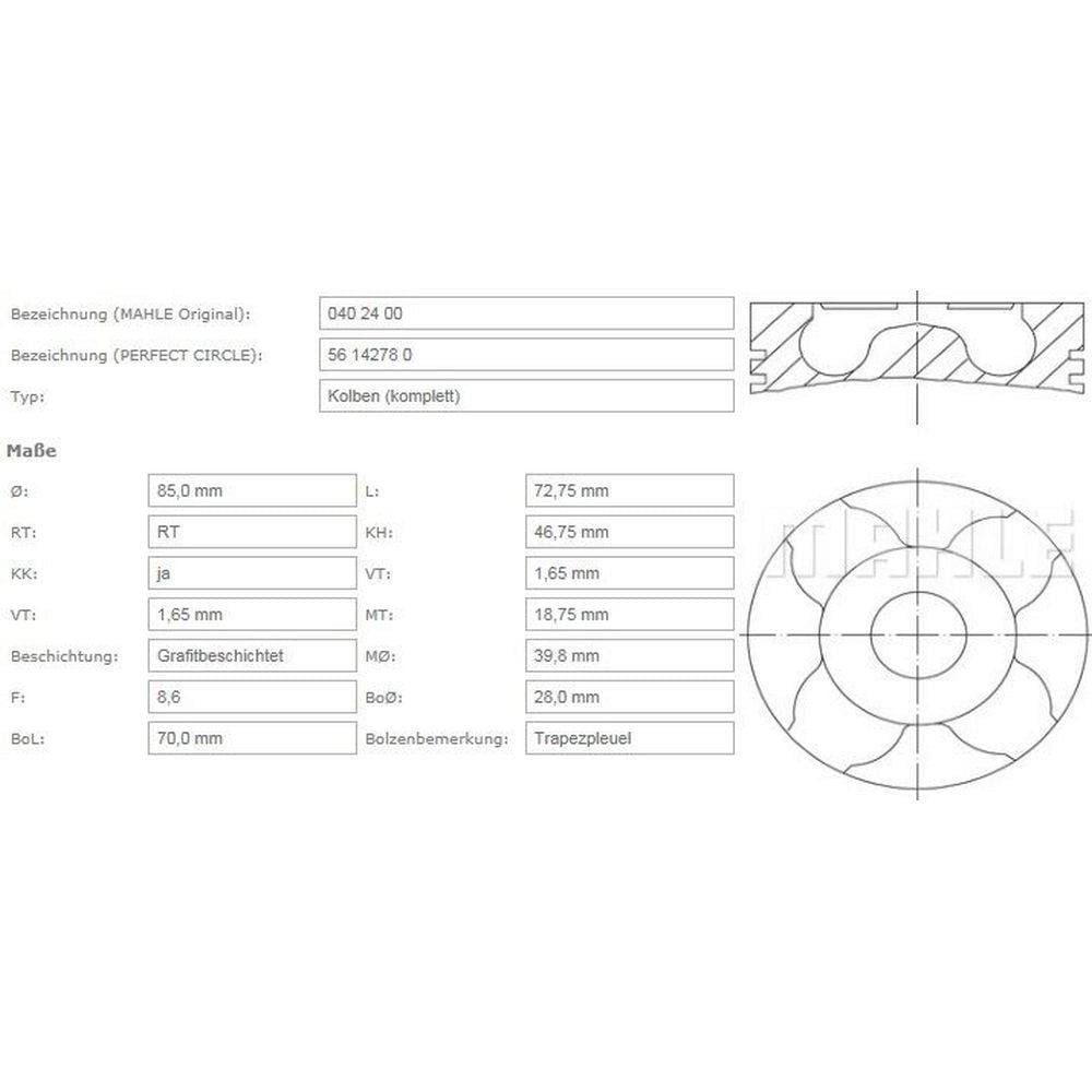 MOTOR PISTON SEGMAN P806 P807 EXPERT EVASION C8 JUMPY DW10ATED4 (2,0HDI 16V) / (85,00MM) / (STD)