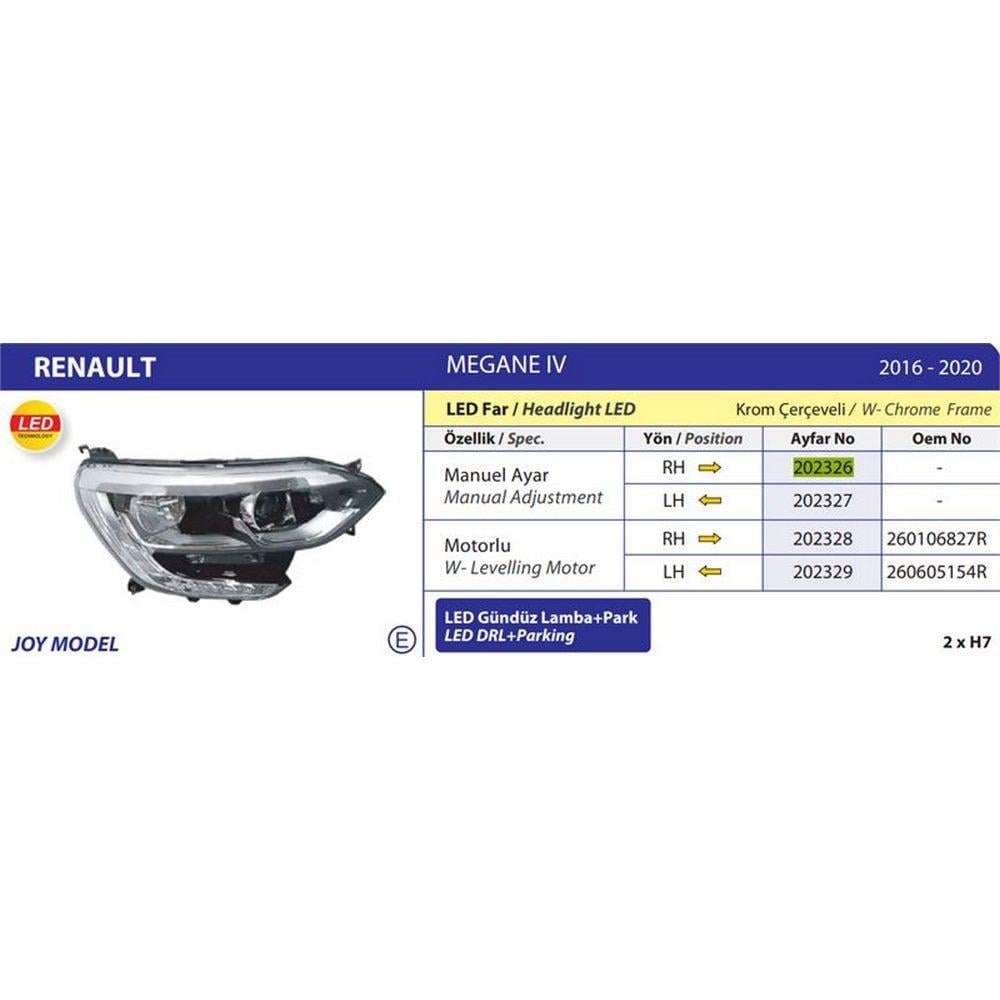 ON FAR SOL MEGANE IV JOY MODEL LEDLI KROM CERCEVELI 16>20 MOTORLU