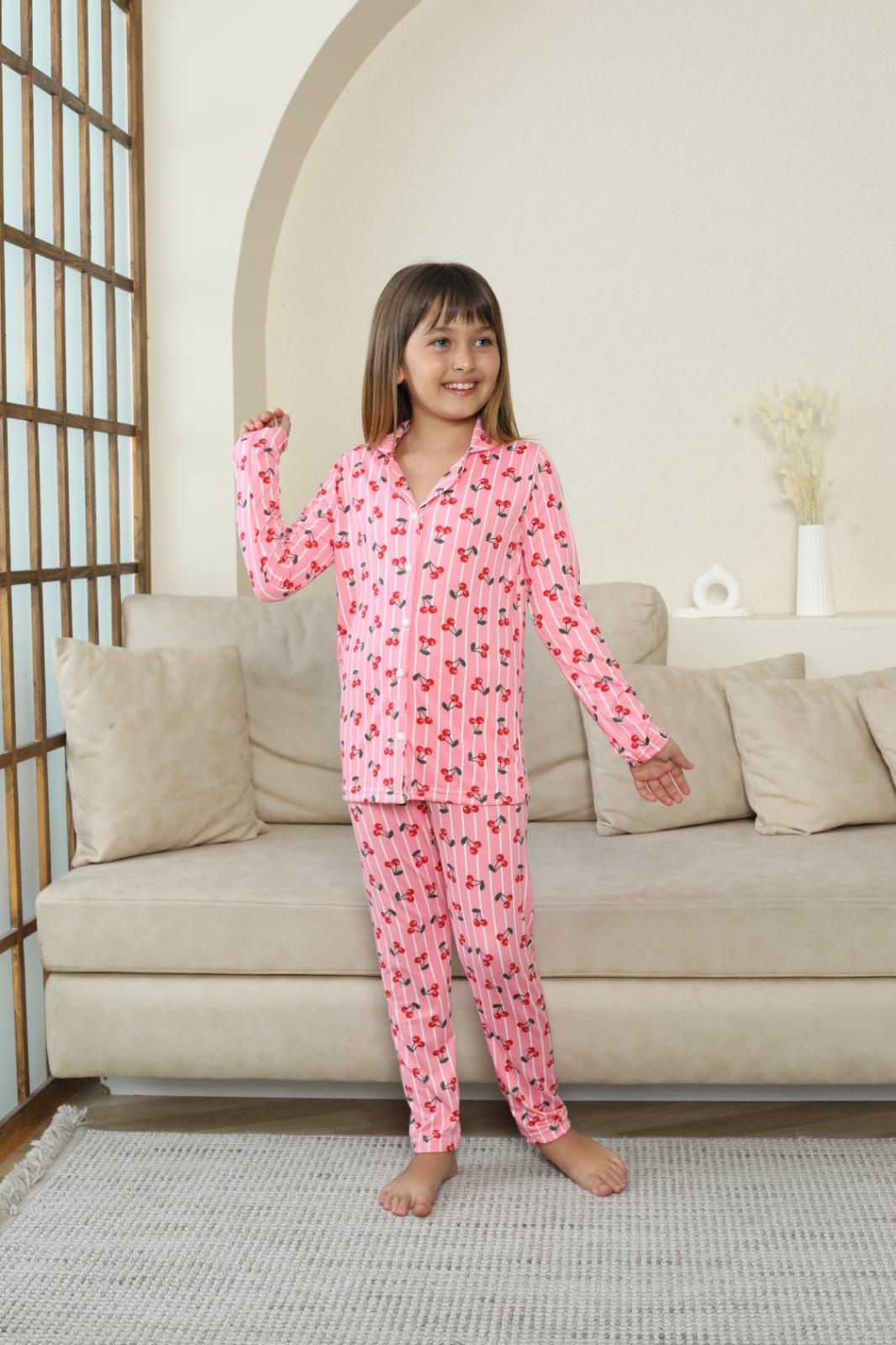 Çocuk Milan Düğmeli Pembe Uzun Kol Pijama Takımı